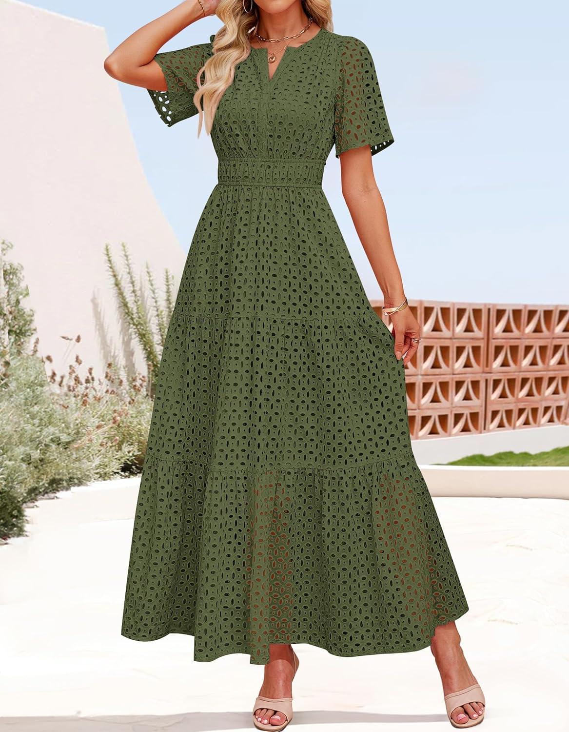 imageZESICA Womens 2026 Summer Short Sleeve Maxi Dress Casual V Neck Hollow Out Eyelet Ruffle Swing A Line Long DressesArmy Green