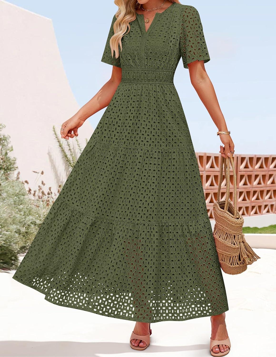 imageZESICA Womens 2026 Summer Short Sleeve Maxi Dress Casual V Neck Hollow Out Eyelet Ruffle Swing A Line Long DressesArmy Green