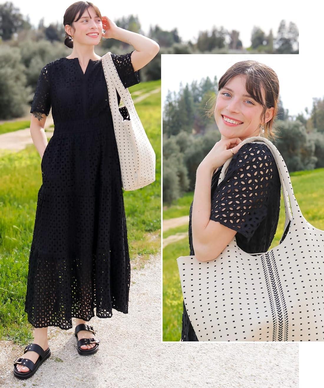 imageZESICA Womens 2026 Summer Short Sleeve Maxi Dress Casual V Neck Hollow Out Eyelet Ruffle Swing A Line Long DressesBlack