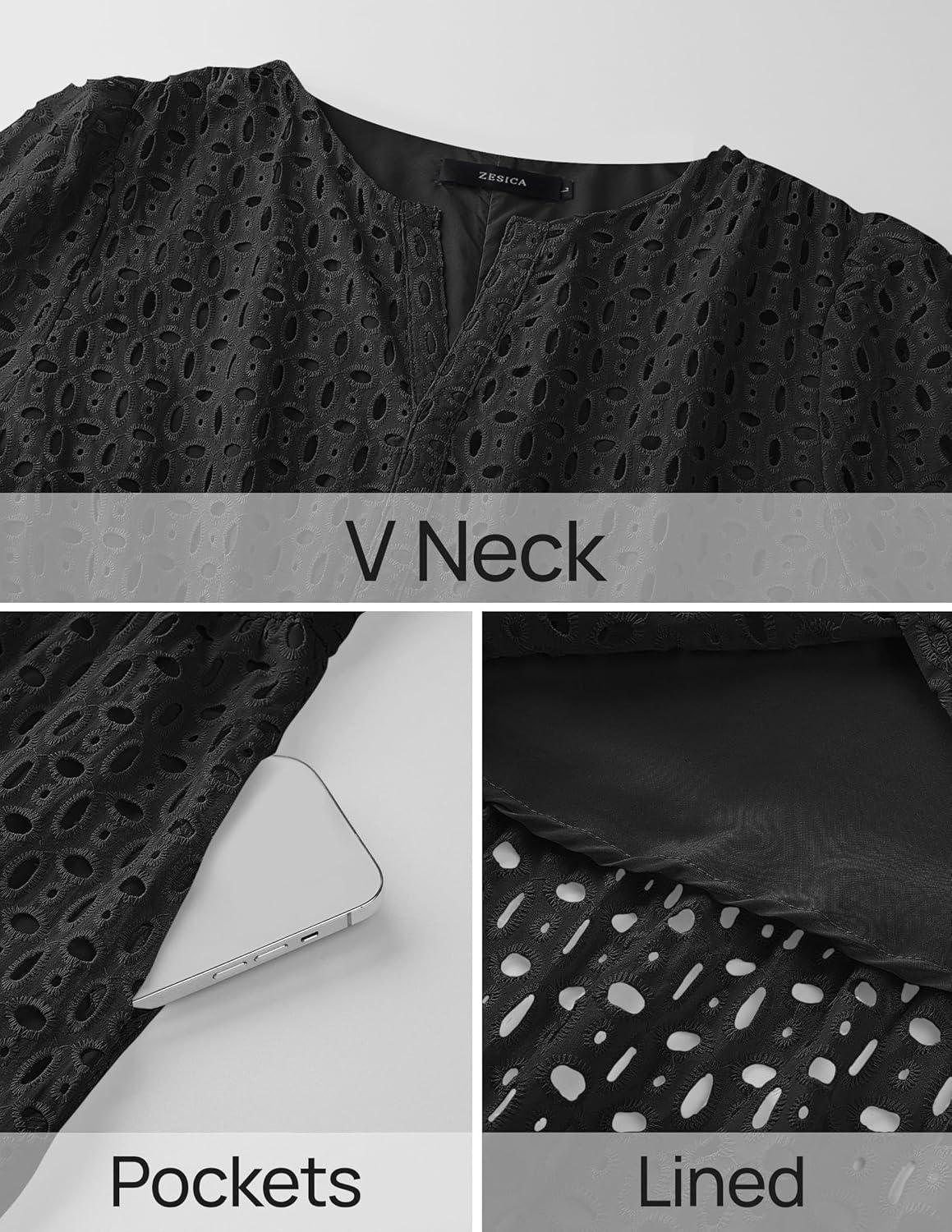 imageZESICA Womens 2026 Summer Short Sleeve Maxi Dress Casual V Neck Hollow Out Eyelet Ruffle Swing A Line Long DressesBlack