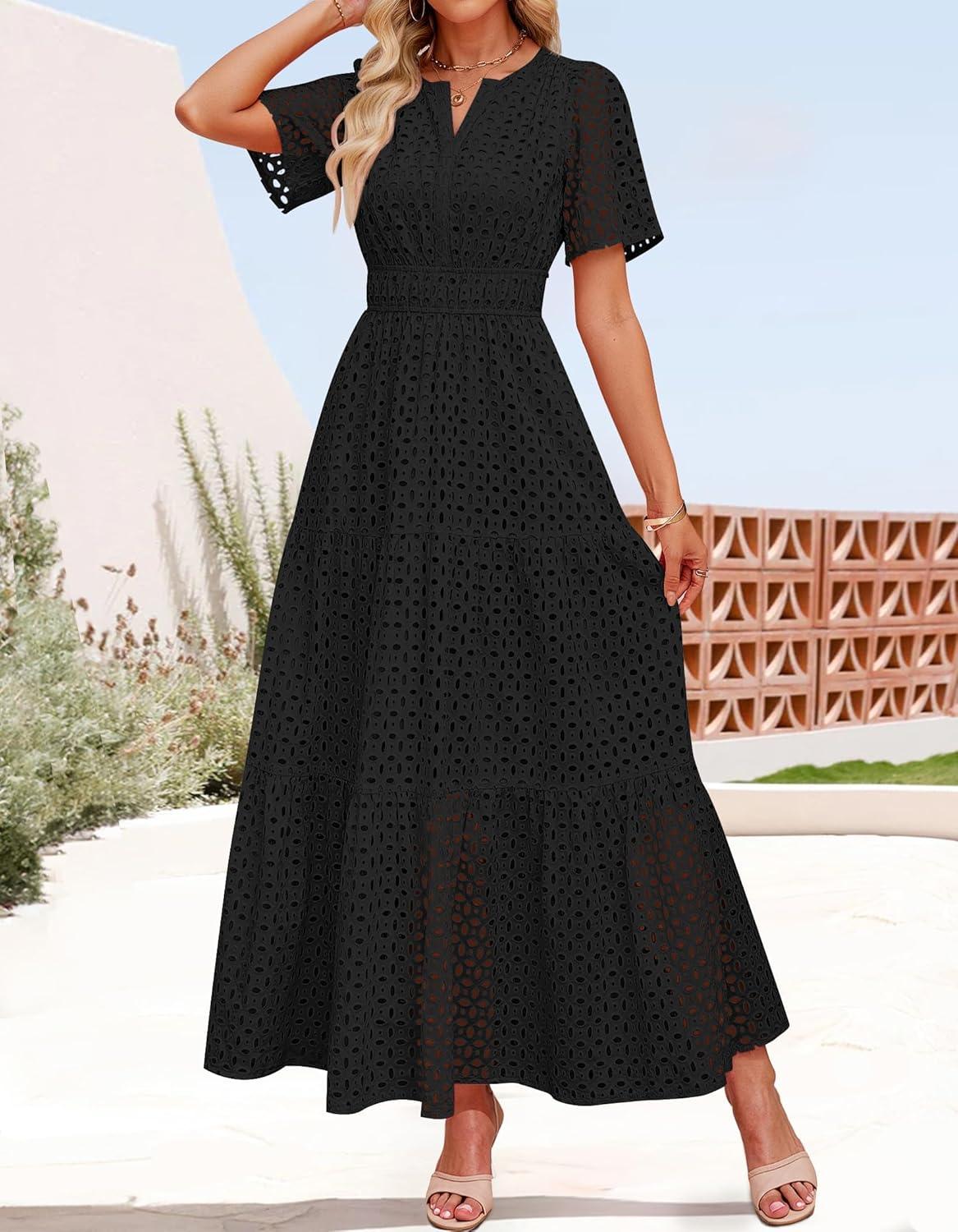 imageZESICA Womens 2026 Summer Short Sleeve Maxi Dress Casual V Neck Hollow Out Eyelet Ruffle Swing A Line Long DressesBlack