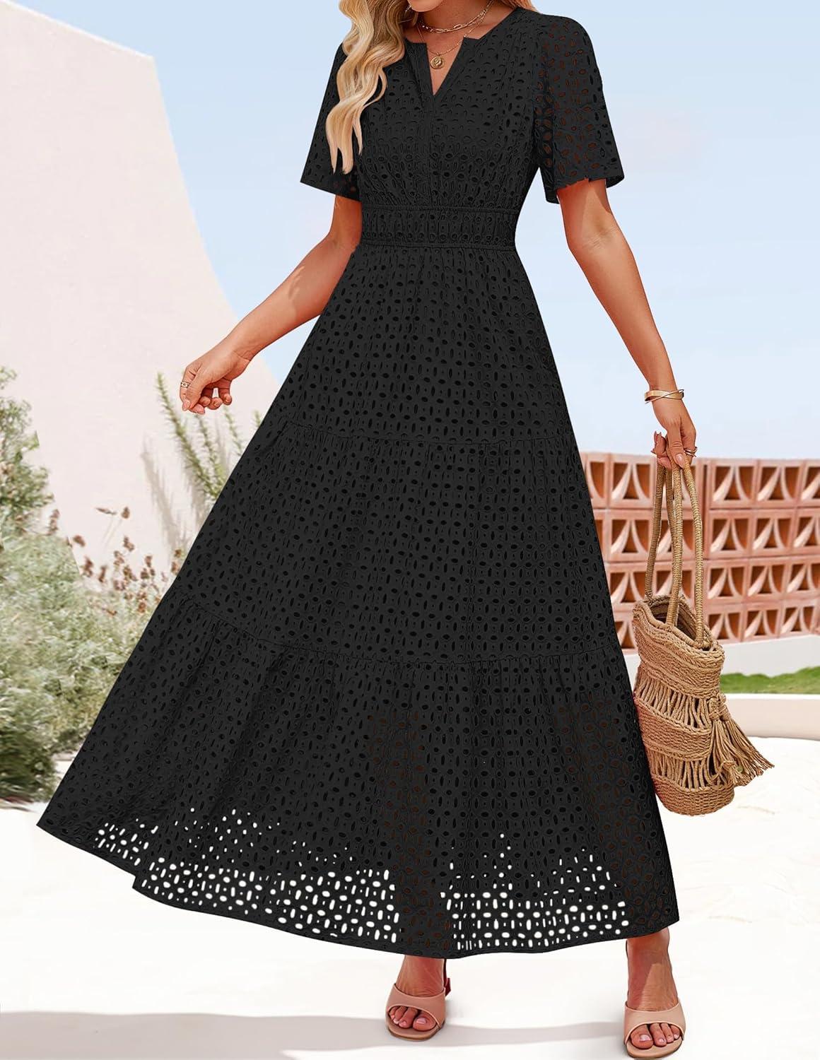 imageZESICA Womens 2026 Summer Short Sleeve Maxi Dress Casual V Neck Hollow Out Eyelet Ruffle Swing A Line Long DressesBlack