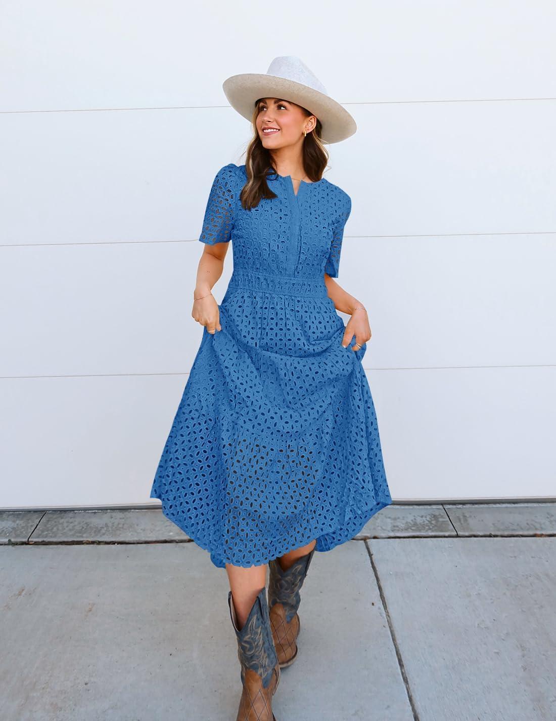 imageZESICA Womens 2026 Summer Short Sleeve Maxi Dress Casual V Neck Hollow Out Eyelet Ruffle Swing A Line Long DressesCobalt