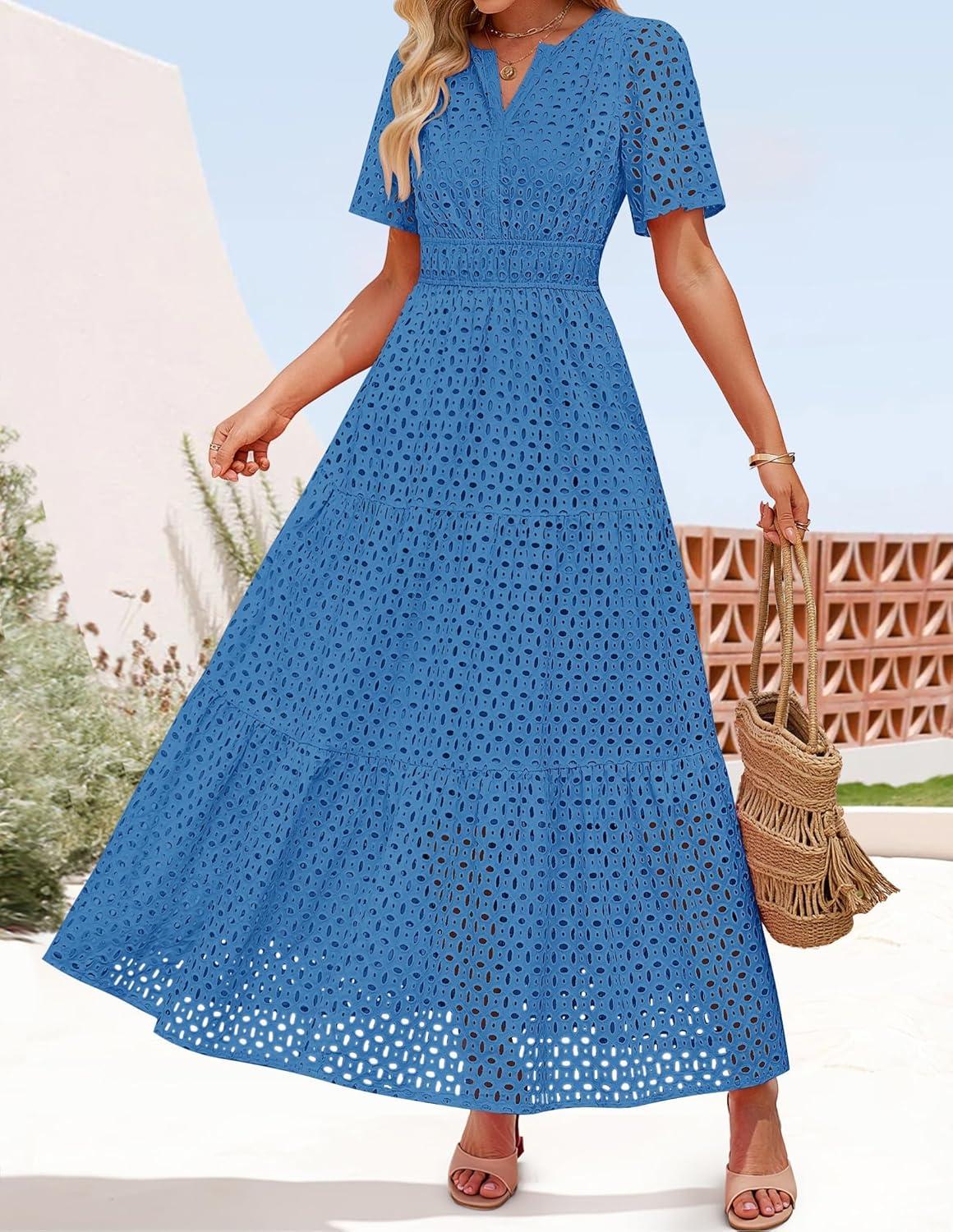 imageZESICA Womens 2026 Summer Short Sleeve Maxi Dress Casual V Neck Hollow Out Eyelet Ruffle Swing A Line Long DressesCobalt