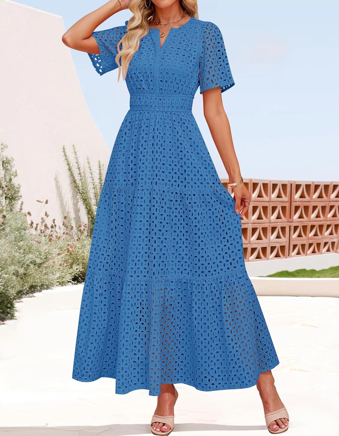 imageZESICA Womens 2026 Summer Short Sleeve Maxi Dress Casual V Neck Hollow Out Eyelet Ruffle Swing A Line Long DressesCobalt