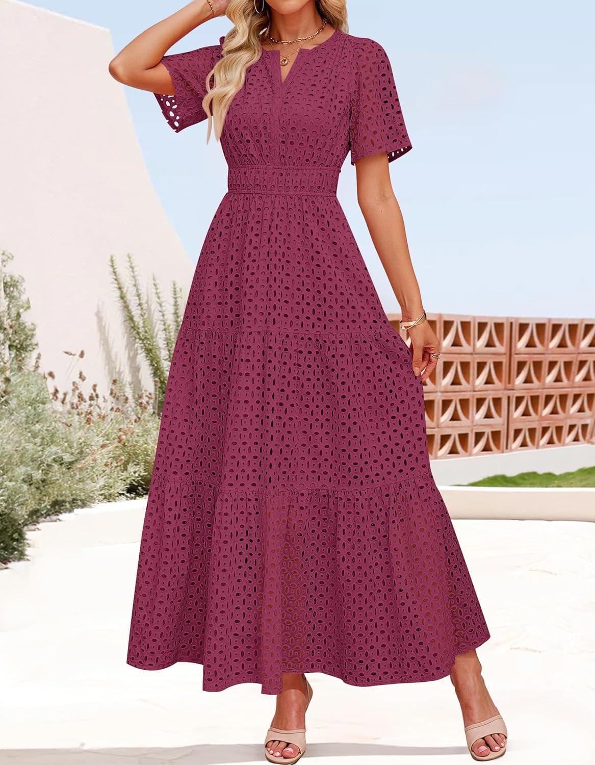 imageZESICA Womens 2026 Summer Short Sleeve Maxi Dress Casual V Neck Hollow Out Eyelet Ruffle Swing A Line Long DressesFuchsia