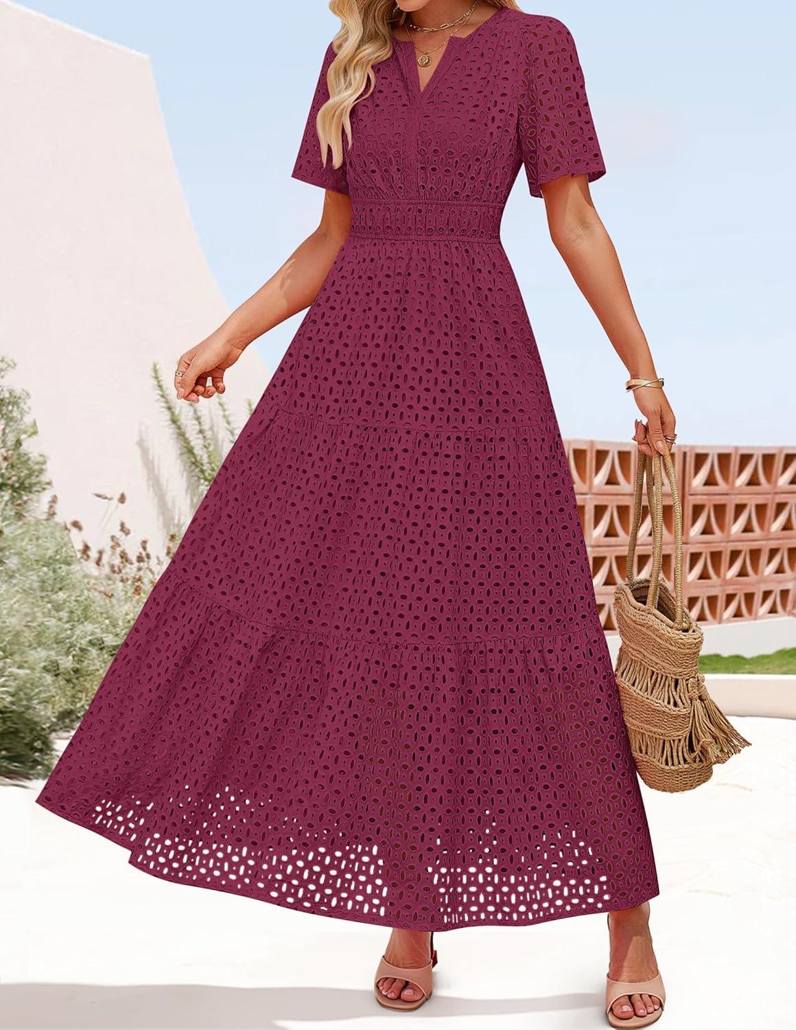 imageZESICA Womens 2026 Summer Short Sleeve Maxi Dress Casual V Neck Hollow Out Eyelet Ruffle Swing A Line Long DressesFuchsia