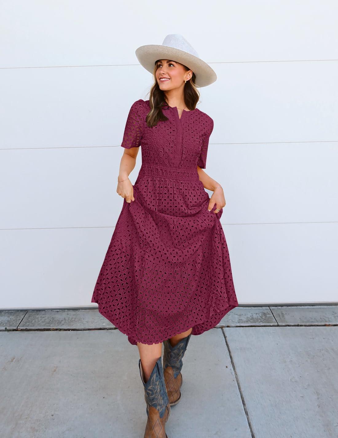imageZESICA Womens 2026 Summer Short Sleeve Maxi Dress Casual V Neck Hollow Out Eyelet Ruffle Swing A Line Long DressesFuchsia