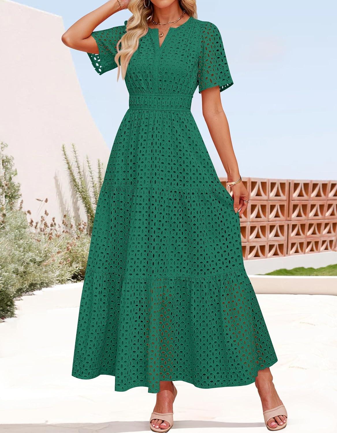 imageZESICA Womens 2026 Summer Short Sleeve Maxi Dress Casual V Neck Hollow Out Eyelet Ruffle Swing A Line Long DressesGreen