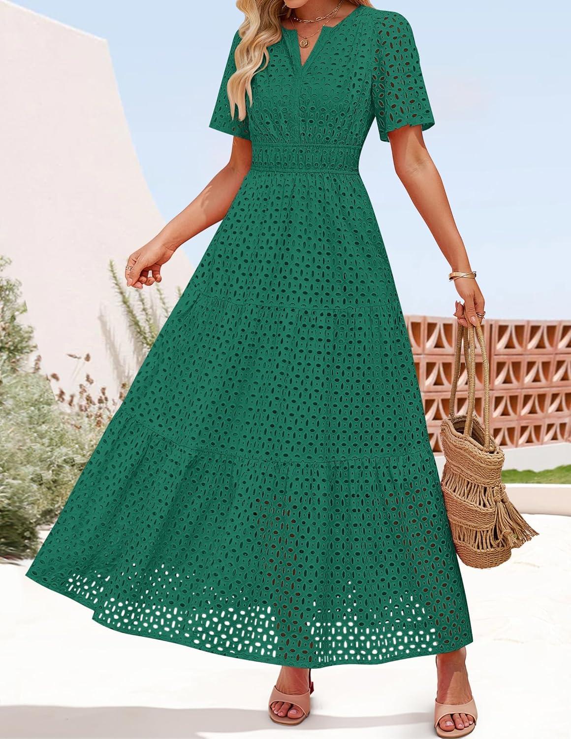 imageZESICA Womens 2026 Summer Short Sleeve Maxi Dress Casual V Neck Hollow Out Eyelet Ruffle Swing A Line Long DressesGreen