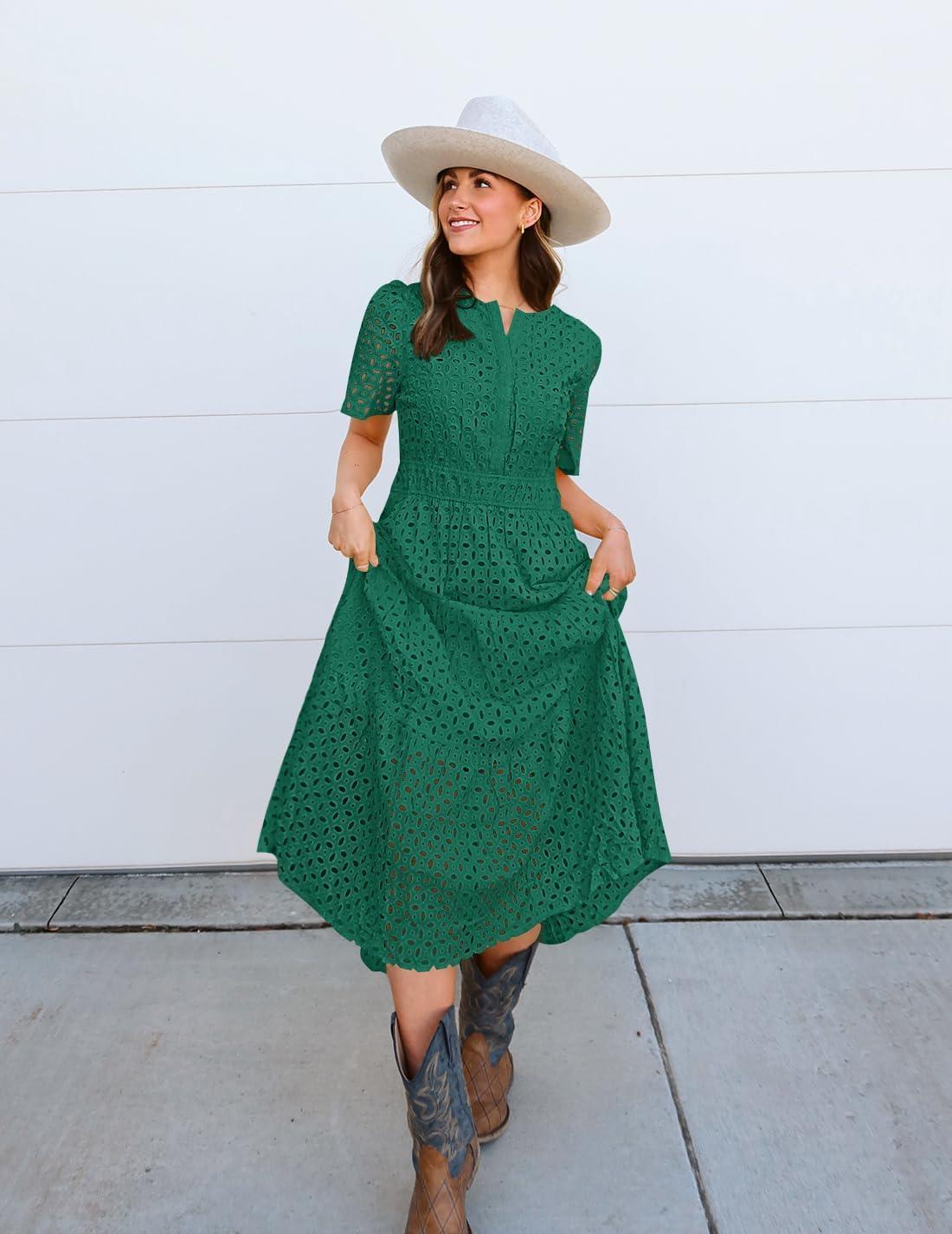 imageZESICA Womens 2026 Summer Short Sleeve Maxi Dress Casual V Neck Hollow Out Eyelet Ruffle Swing A Line Long DressesGreen