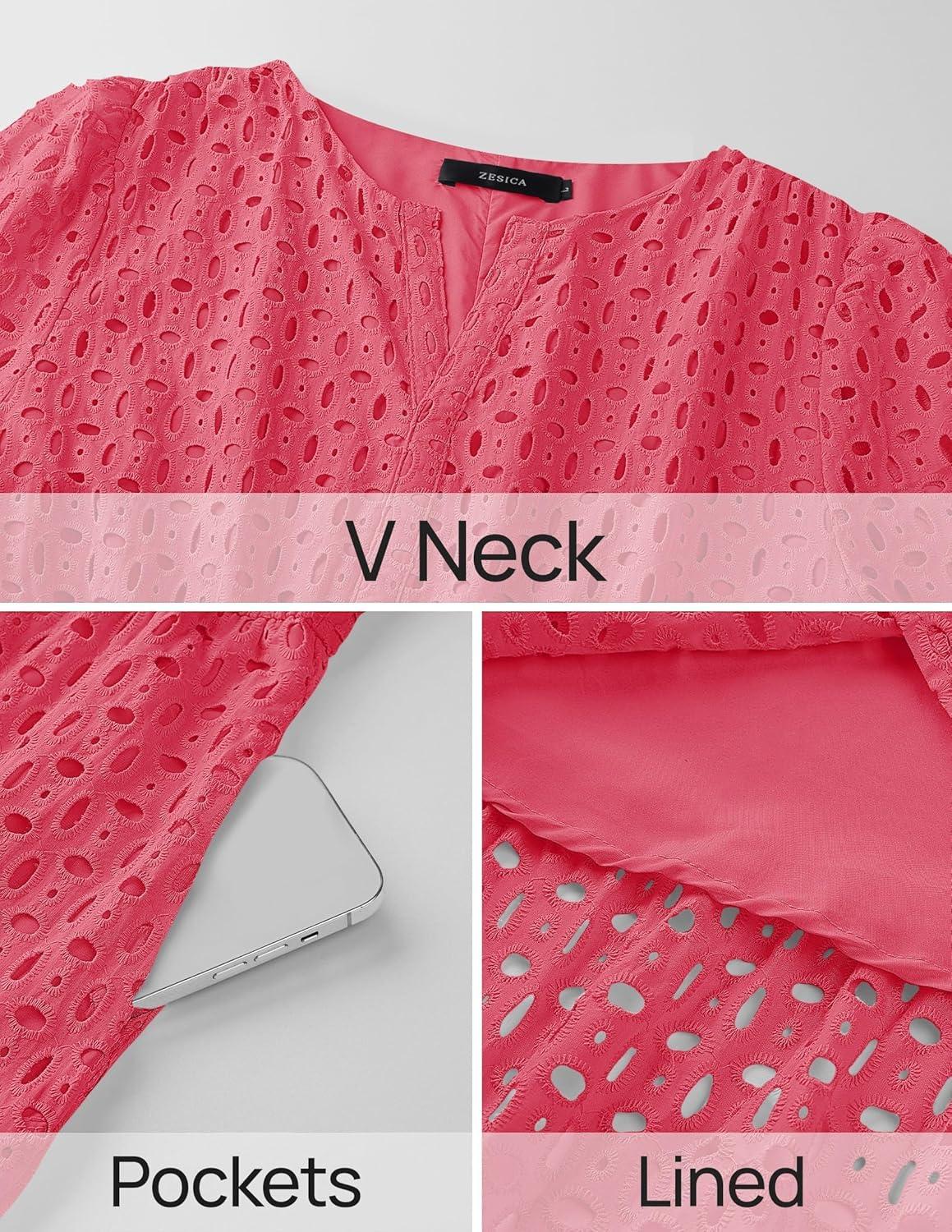 imageZESICA Womens 2026 Summer Short Sleeve Maxi Dress Casual V Neck Hollow Out Eyelet Ruffle Swing A Line Long DressesHot Pink