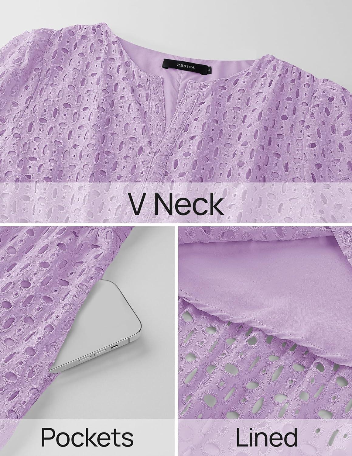 imageZESICA Womens 2026 Summer Short Sleeve Maxi Dress Casual V Neck Hollow Out Eyelet Ruffle Swing A Line Long DressesLight Purple