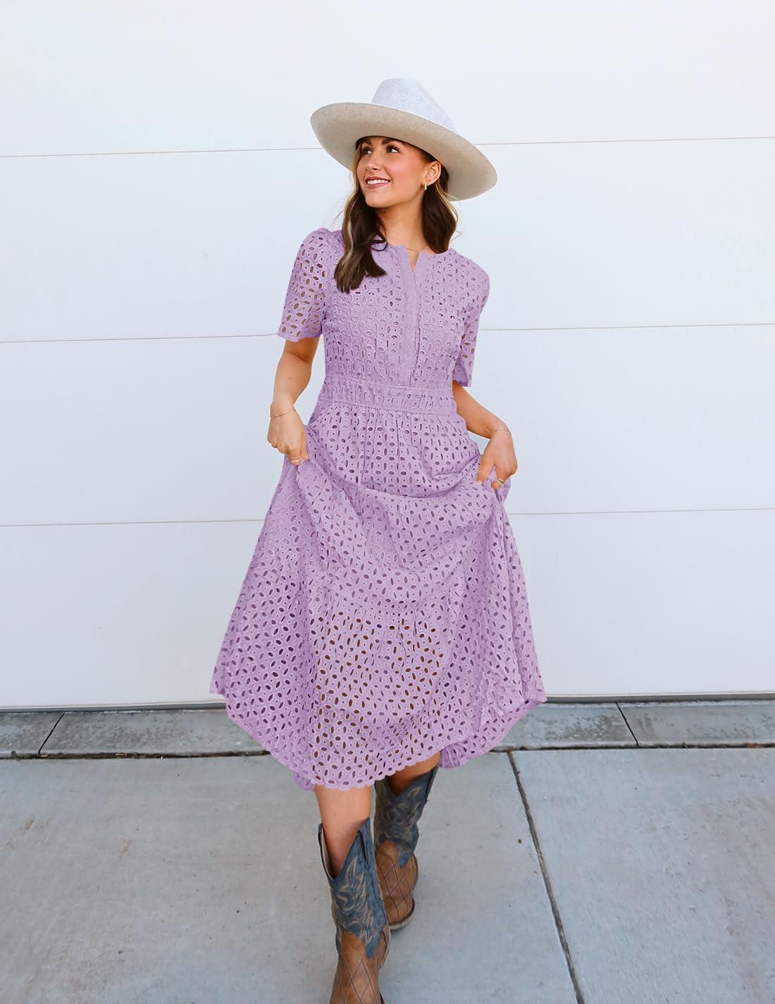 imageZESICA Womens 2026 Summer Short Sleeve Maxi Dress Casual V Neck Hollow Out Eyelet Ruffle Swing A Line Long DressesLight Purple