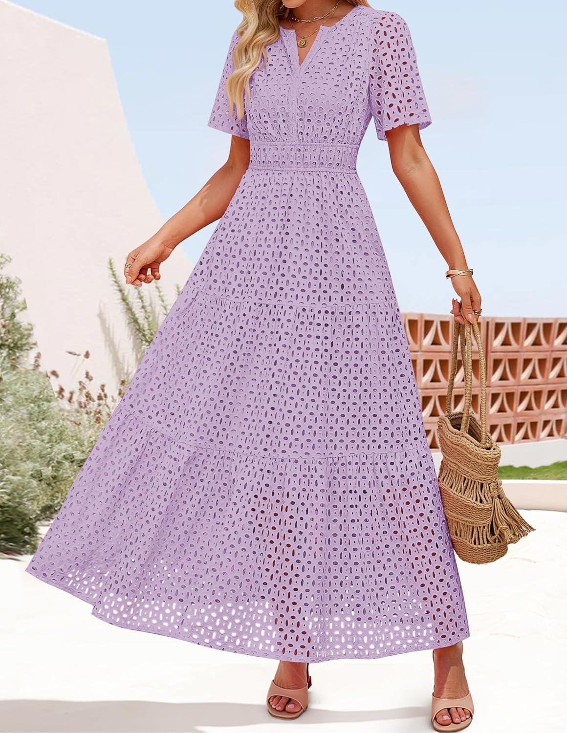 imageZESICA Womens 2026 Summer Short Sleeve Maxi Dress Casual V Neck Hollow Out Eyelet Ruffle Swing A Line Long DressesLight Purple