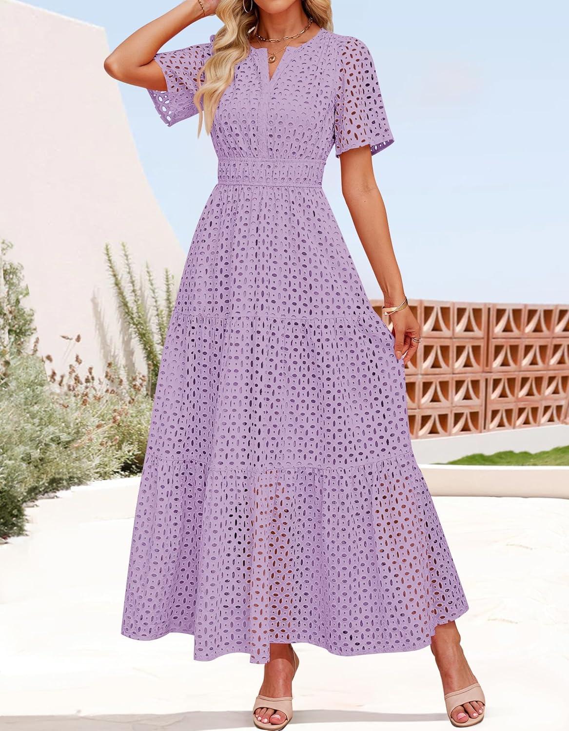 imageZESICA Womens 2026 Summer Short Sleeve Maxi Dress Casual V Neck Hollow Out Eyelet Ruffle Swing A Line Long DressesLight Purple