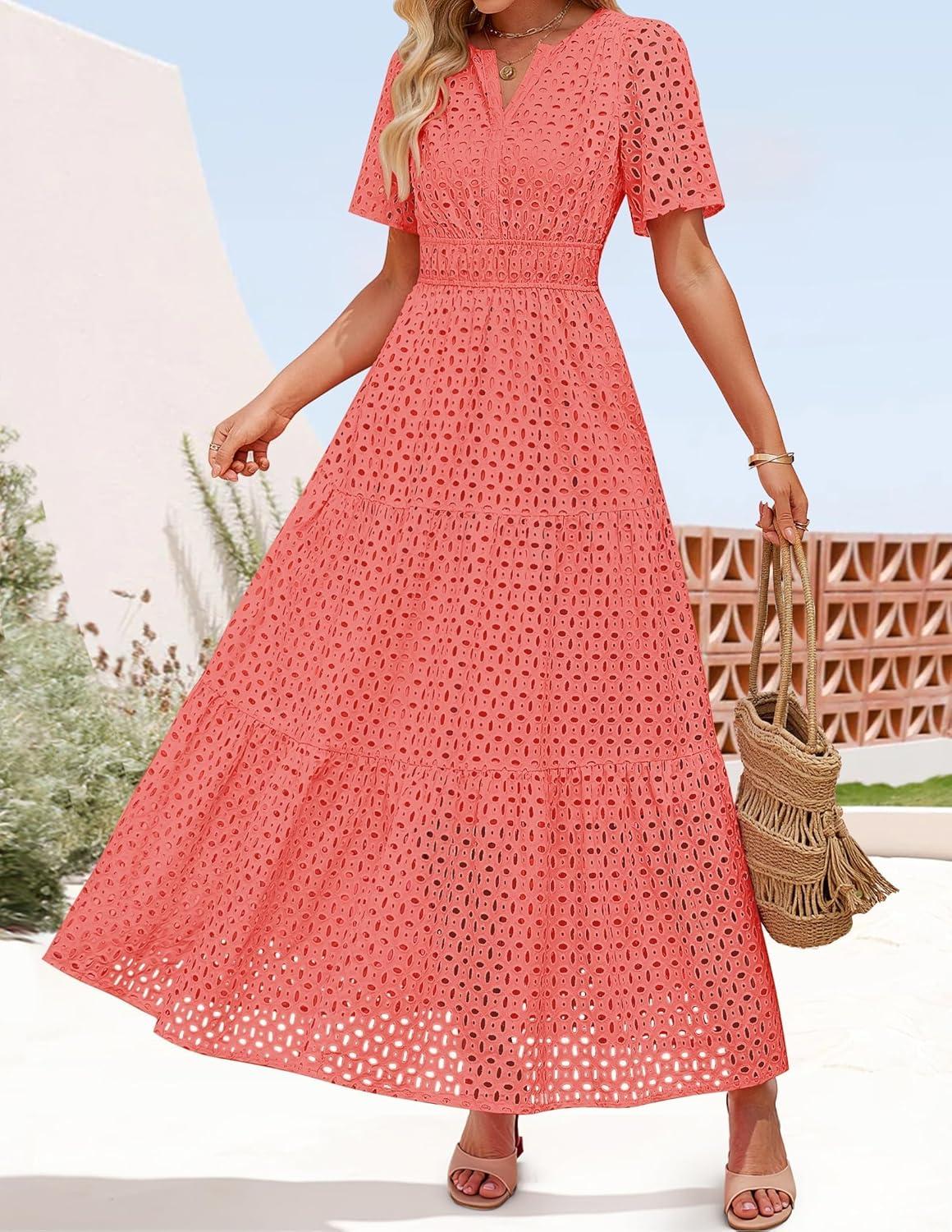 imageZESICA Womens 2026 Summer Short Sleeve Maxi Dress Casual V Neck Hollow Out Eyelet Ruffle Swing A Line Long DressesPeach