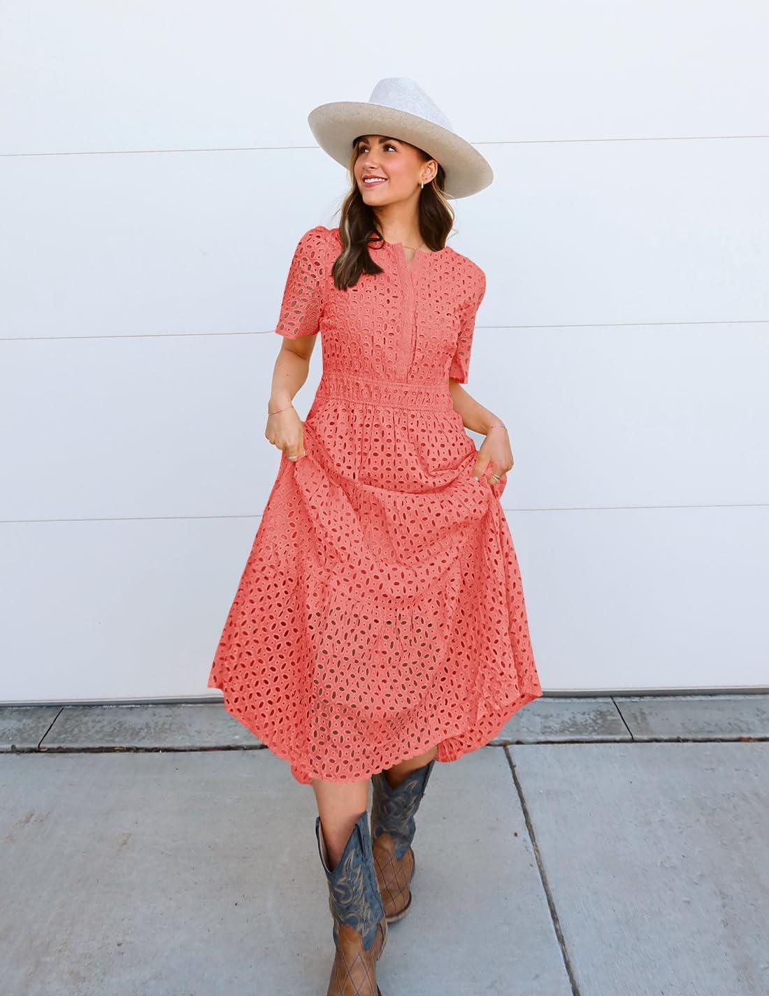 imageZESICA Womens 2026 Summer Short Sleeve Maxi Dress Casual V Neck Hollow Out Eyelet Ruffle Swing A Line Long DressesPeach