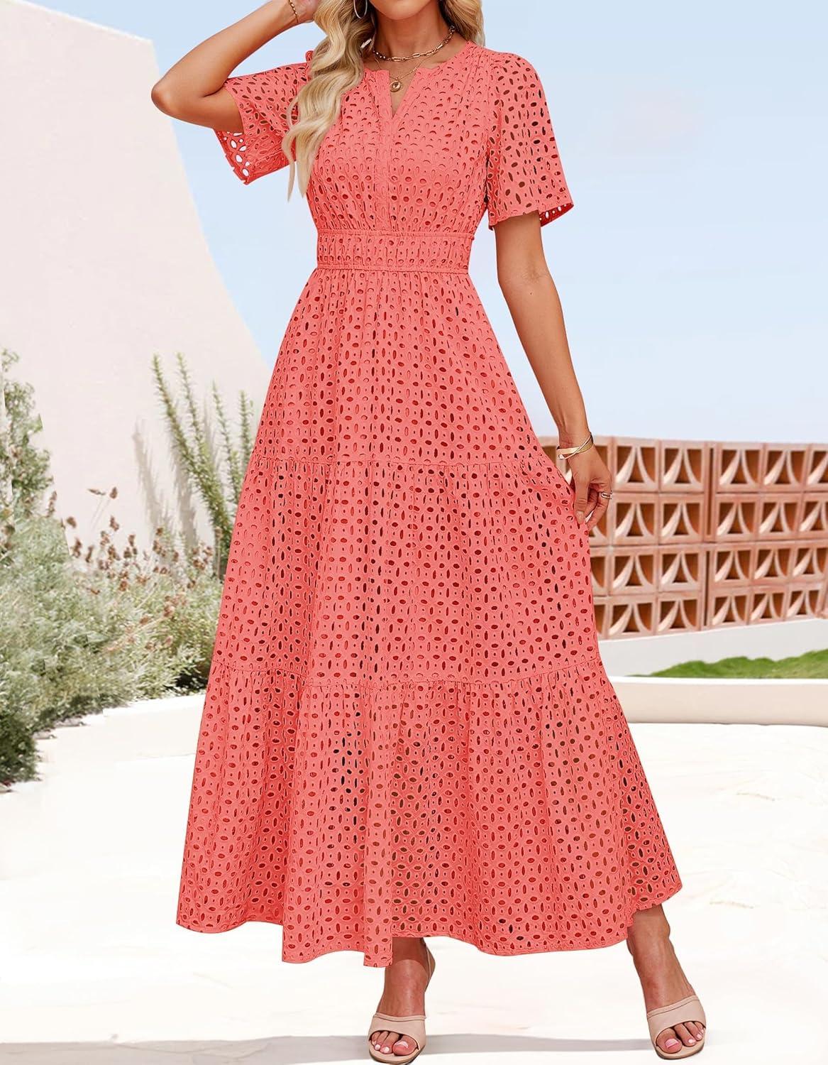 imageZESICA Womens 2026 Summer Short Sleeve Maxi Dress Casual V Neck Hollow Out Eyelet Ruffle Swing A Line Long DressesPeach