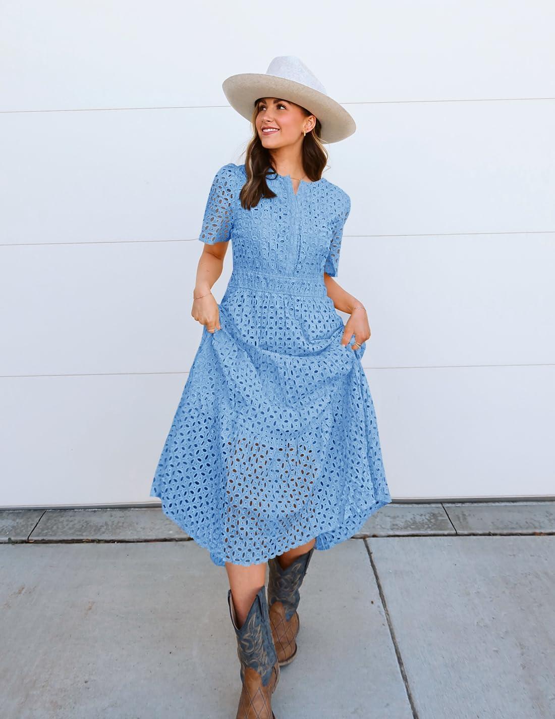 imageZESICA Womens 2026 Summer Short Sleeve Maxi Dress Casual V Neck Hollow Out Eyelet Ruffle Swing A Line Long DressesSky