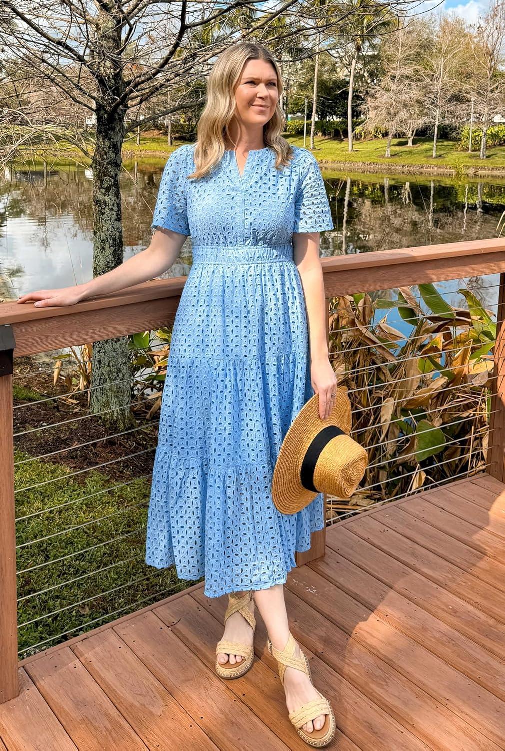 imageZESICA Womens 2026 Summer Short Sleeve Maxi Dress Casual V Neck Hollow Out Eyelet Ruffle Swing A Line Long DressesSky
