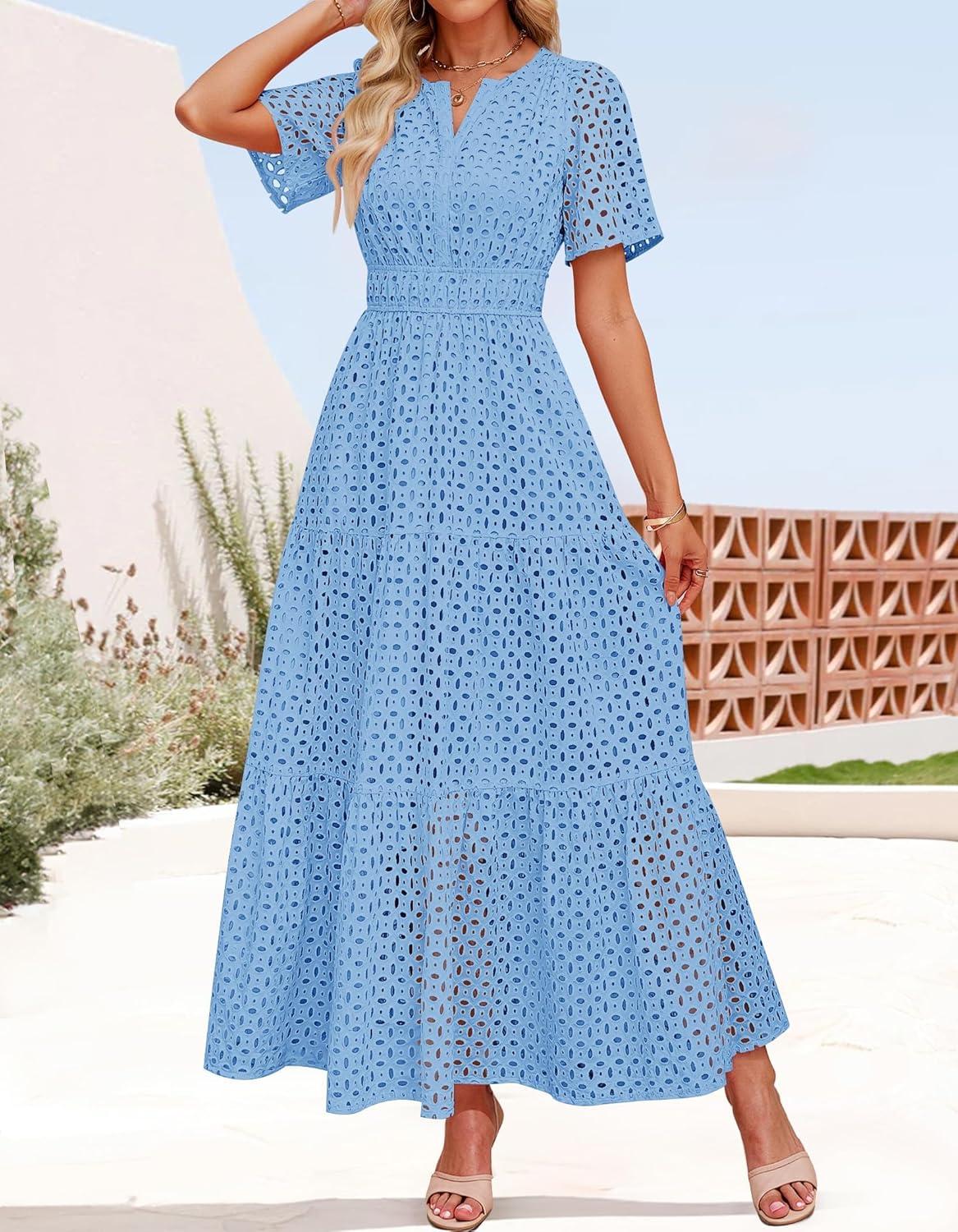 imageZESICA Womens 2026 Summer Short Sleeve Maxi Dress Casual V Neck Hollow Out Eyelet Ruffle Swing A Line Long DressesSky