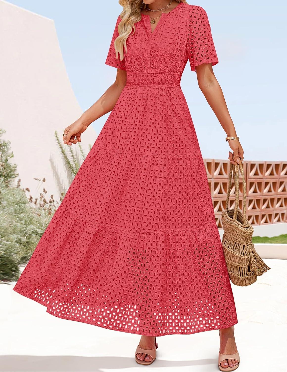 imageZESICA Womens 2026 Summer Short Sleeve Maxi Dress Casual V Neck Hollow Out Eyelet Ruffle Swing A Line Long DressesWatermelon