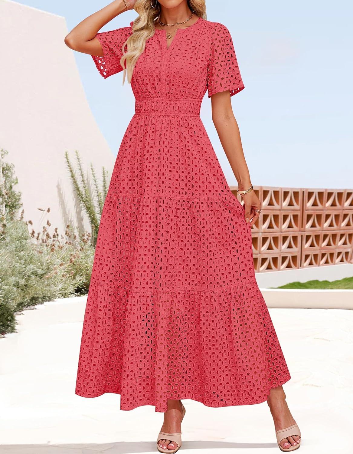 imageZESICA Womens 2026 Summer Short Sleeve Maxi Dress Casual V Neck Hollow Out Eyelet Ruffle Swing A Line Long DressesWatermelon