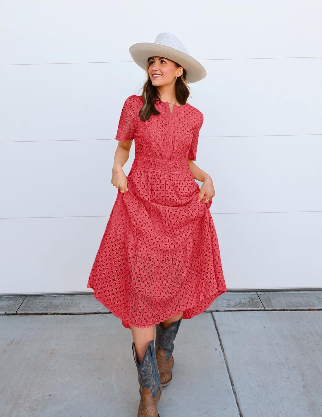 imageZESICA Womens 2026 Summer Short Sleeve Maxi Dress Casual V Neck Hollow Out Eyelet Ruffle Swing A Line Long DressesWatermelon