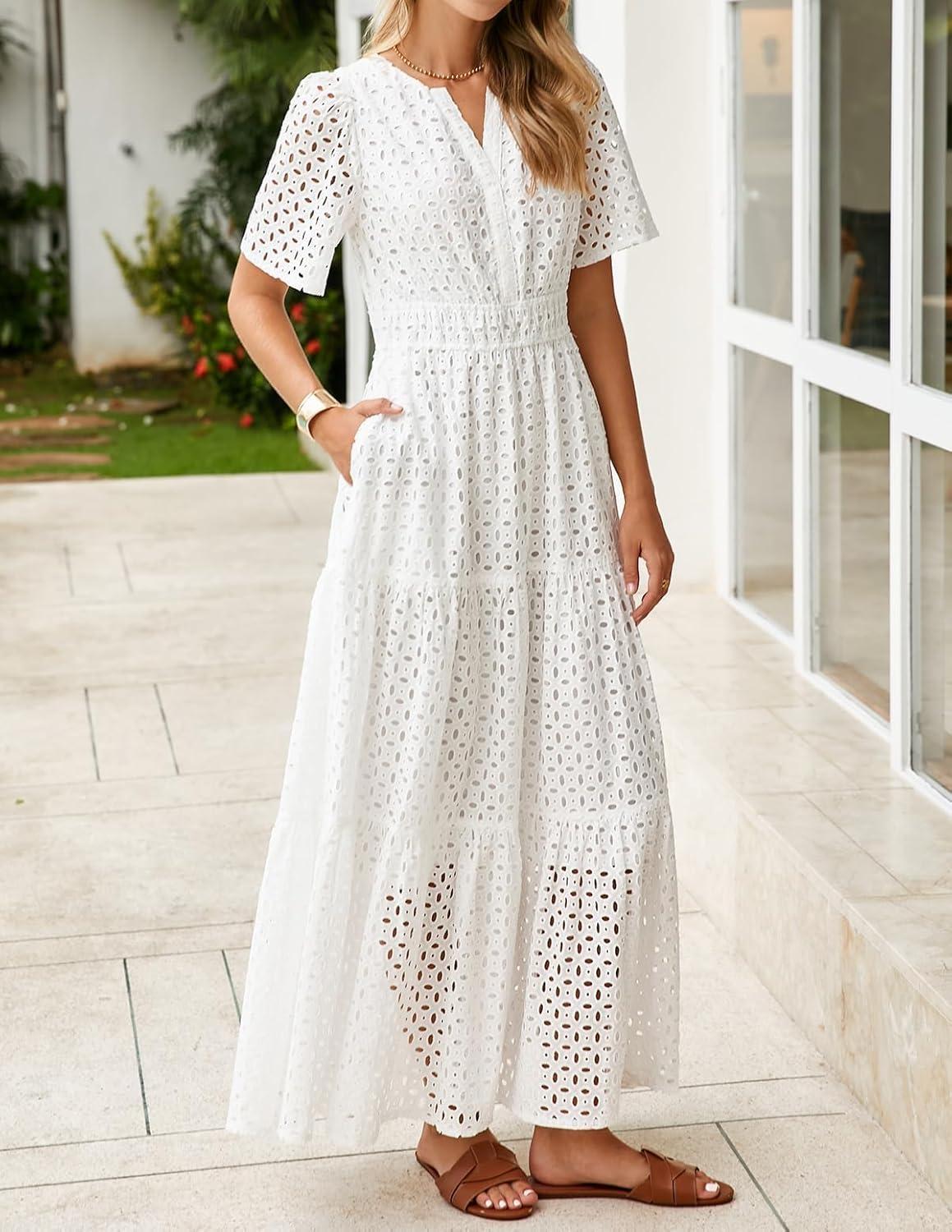 imageZESICA Womens 2026 Summer Short Sleeve Maxi Dress Casual V Neck Hollow Out Eyelet Ruffle Swing A Line Long DressesWhite