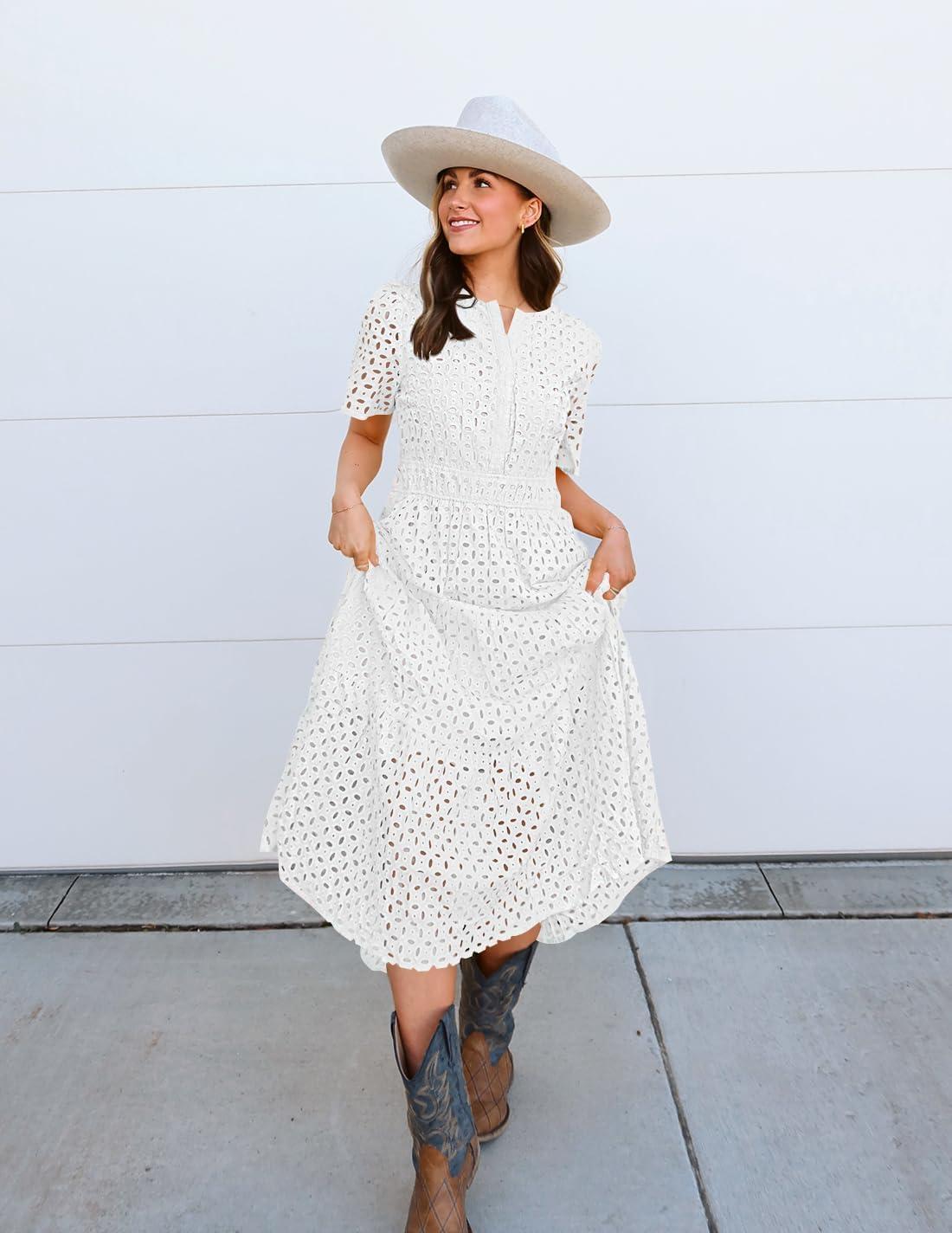 imageZESICA Womens 2026 Summer Short Sleeve Maxi Dress Casual V Neck Hollow Out Eyelet Ruffle Swing A Line Long DressesWhite