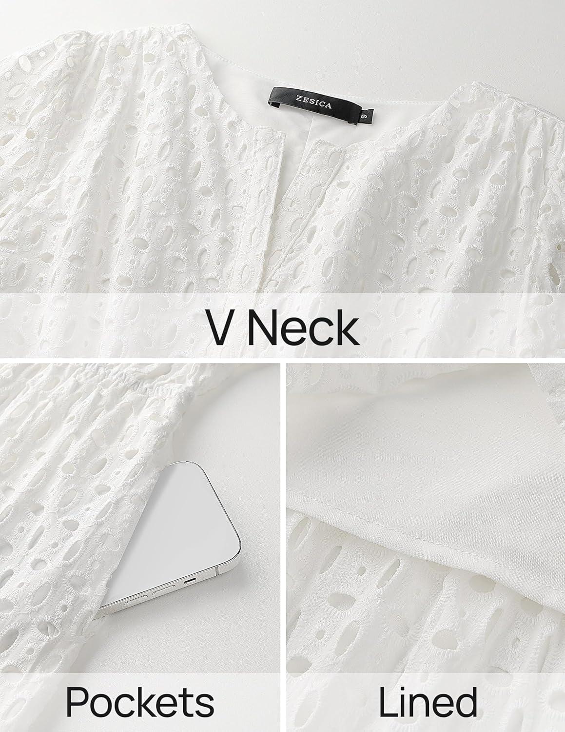 imageZESICA Womens 2026 Summer Short Sleeve Maxi Dress Casual V Neck Hollow Out Eyelet Ruffle Swing A Line Long DressesWhite