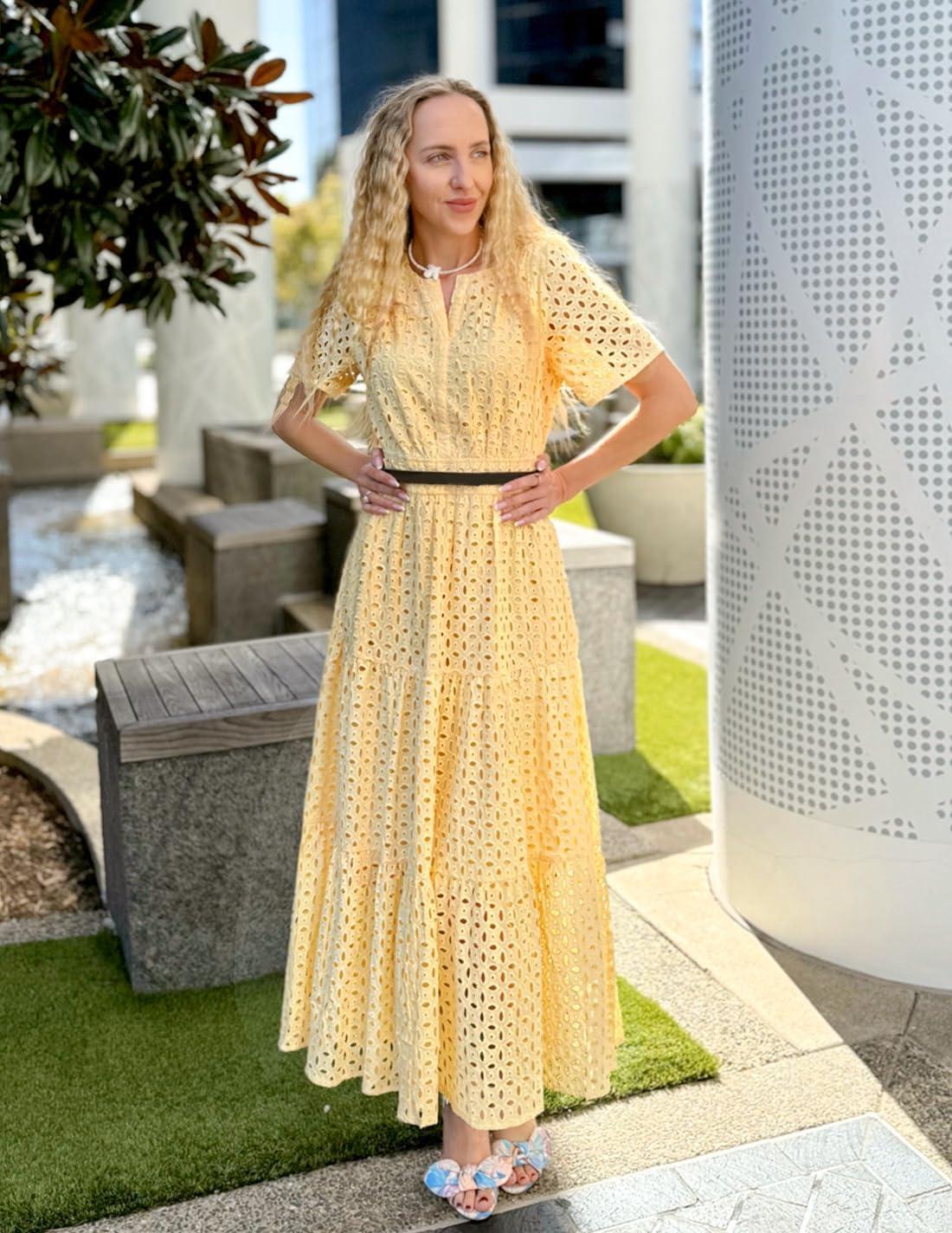 imageZESICA Womens 2026 Summer Short Sleeve Maxi Dress Casual V Neck Hollow Out Eyelet Ruffle Swing A Line Long DressesYellow