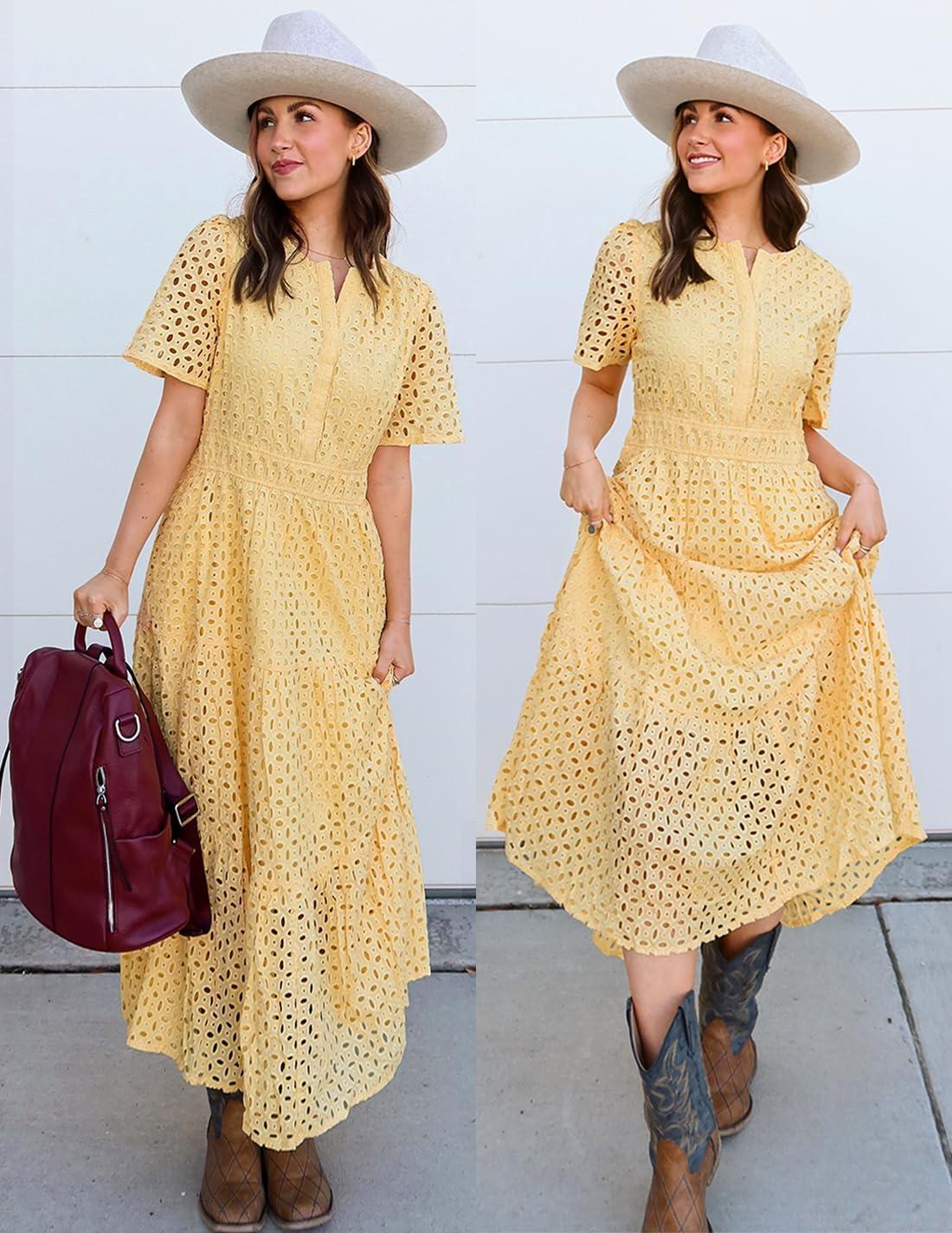 imageZESICA Womens 2026 Summer Short Sleeve Maxi Dress Casual V Neck Hollow Out Eyelet Ruffle Swing A Line Long DressesYellow