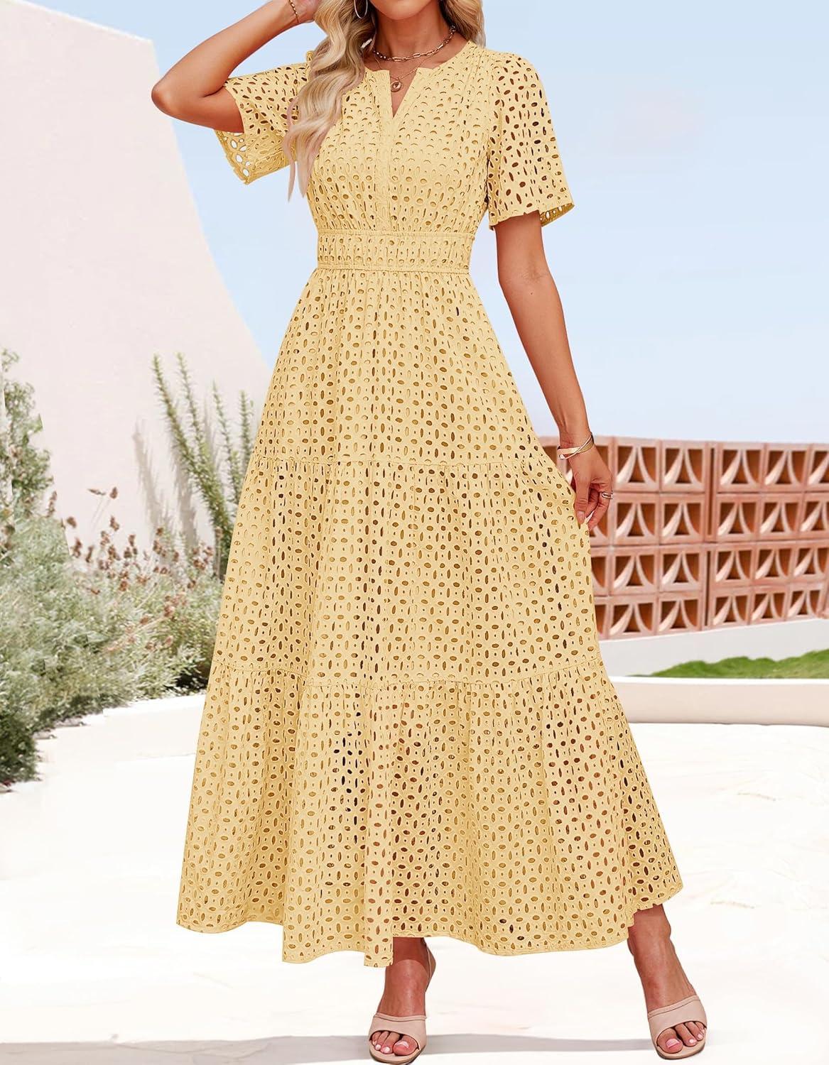 imageZESICA Womens 2026 Summer Short Sleeve Maxi Dress Casual V Neck Hollow Out Eyelet Ruffle Swing A Line Long DressesYellow