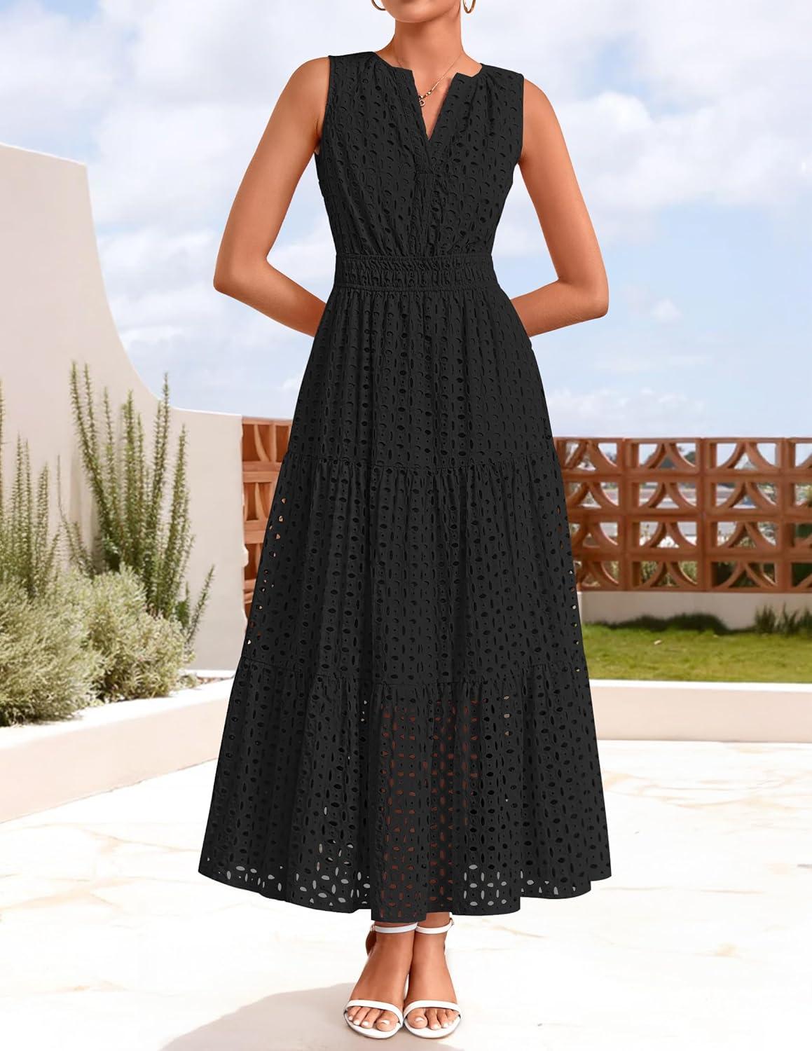 imageZESICA Womens 2026 Summer Sleeveless Maxi Dress Casual V Neck Hollow Out Eyelet A Line Flowy Party Long DressesBlack