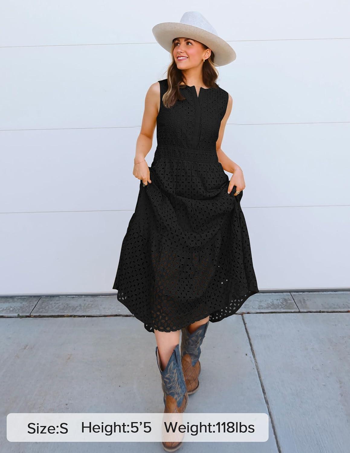 imageZESICA Womens 2026 Summer Sleeveless Maxi Dress Casual V Neck Hollow Out Eyelet A Line Flowy Party Long DressesBlack