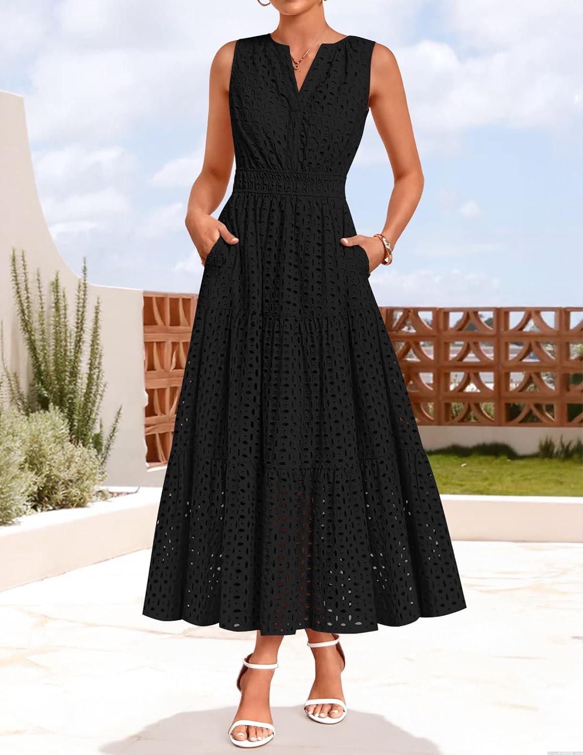 imageZESICA Womens 2026 Summer Sleeveless Maxi Dress Casual V Neck Hollow Out Eyelet A Line Flowy Party Long DressesBlack