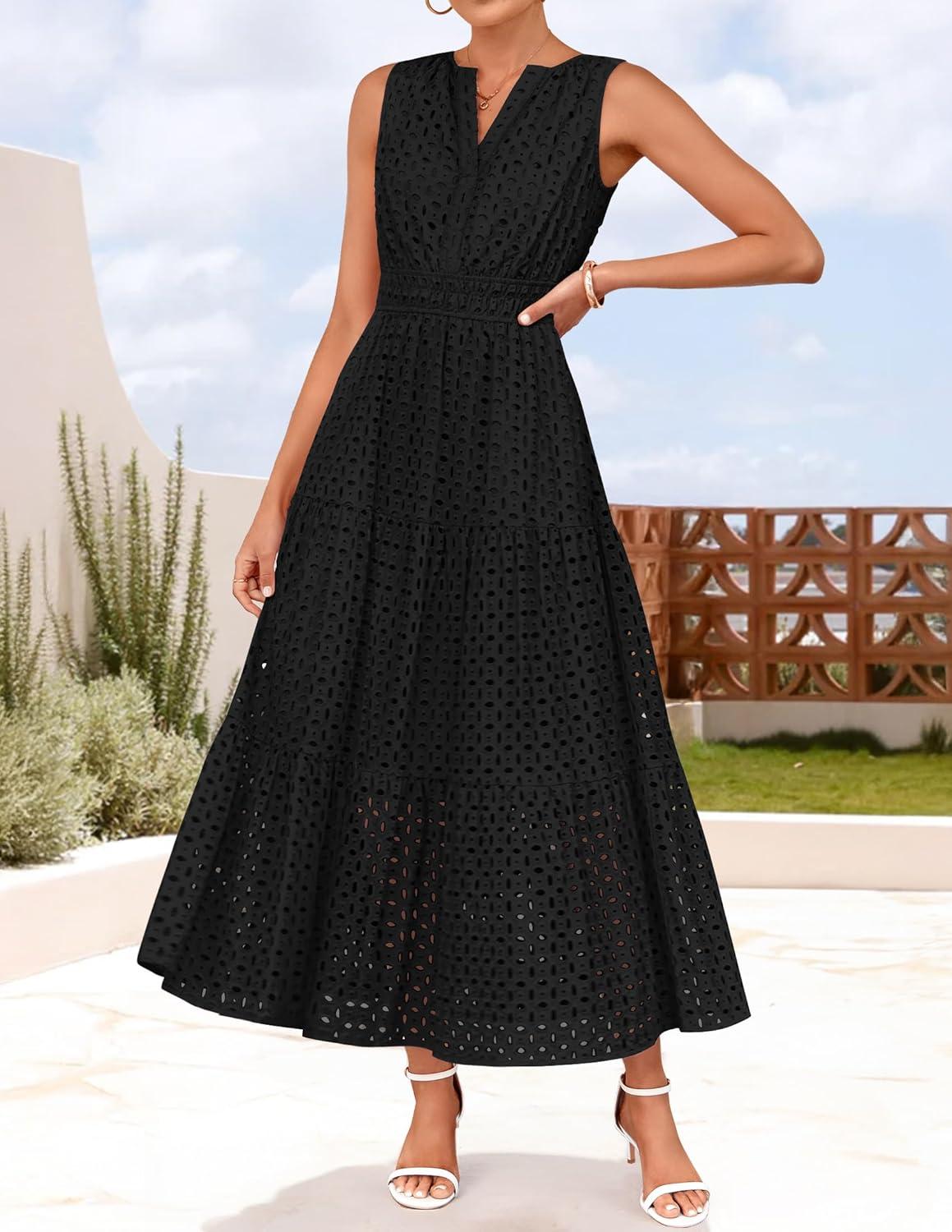 imageZESICA Womens 2026 Summer Sleeveless Maxi Dress Casual V Neck Hollow Out Eyelet A Line Flowy Party Long DressesBlack