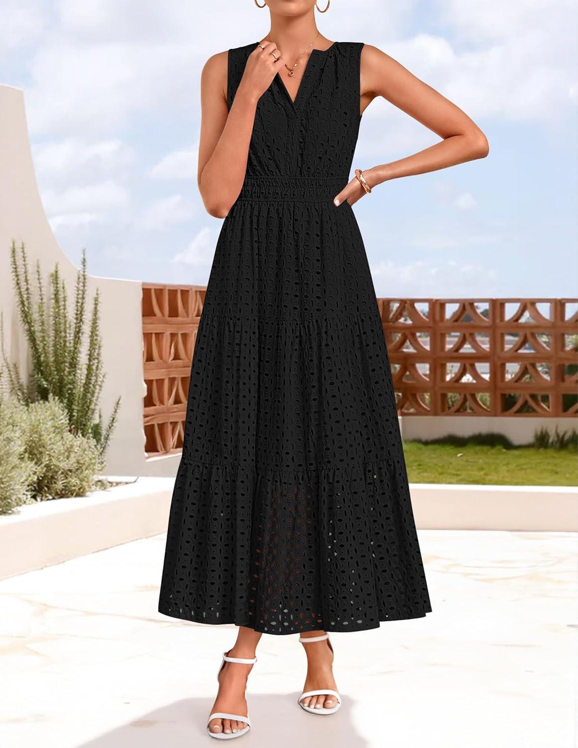 imageZESICA Womens 2026 Summer Sleeveless Maxi Dress Casual V Neck Hollow Out Eyelet A Line Flowy Party Long DressesBlack