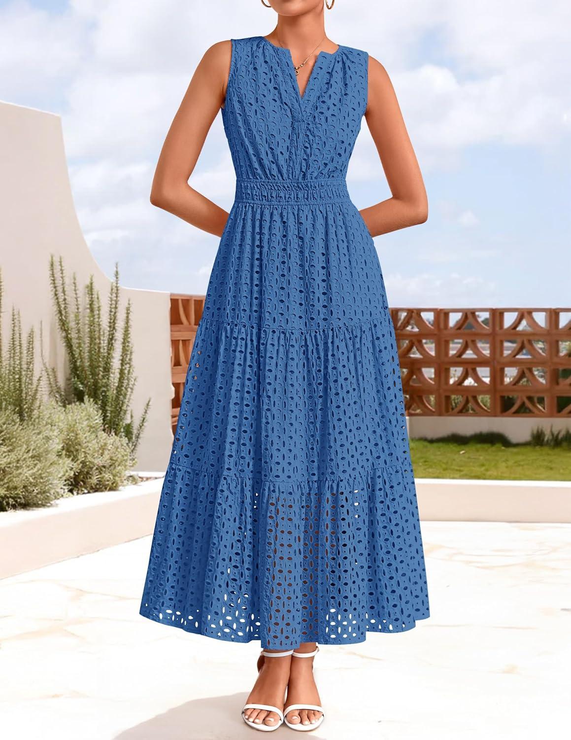 imageZESICA Womens 2026 Summer Sleeveless Maxi Dress Casual V Neck Hollow Out Eyelet A Line Flowy Party Long DressesBlue