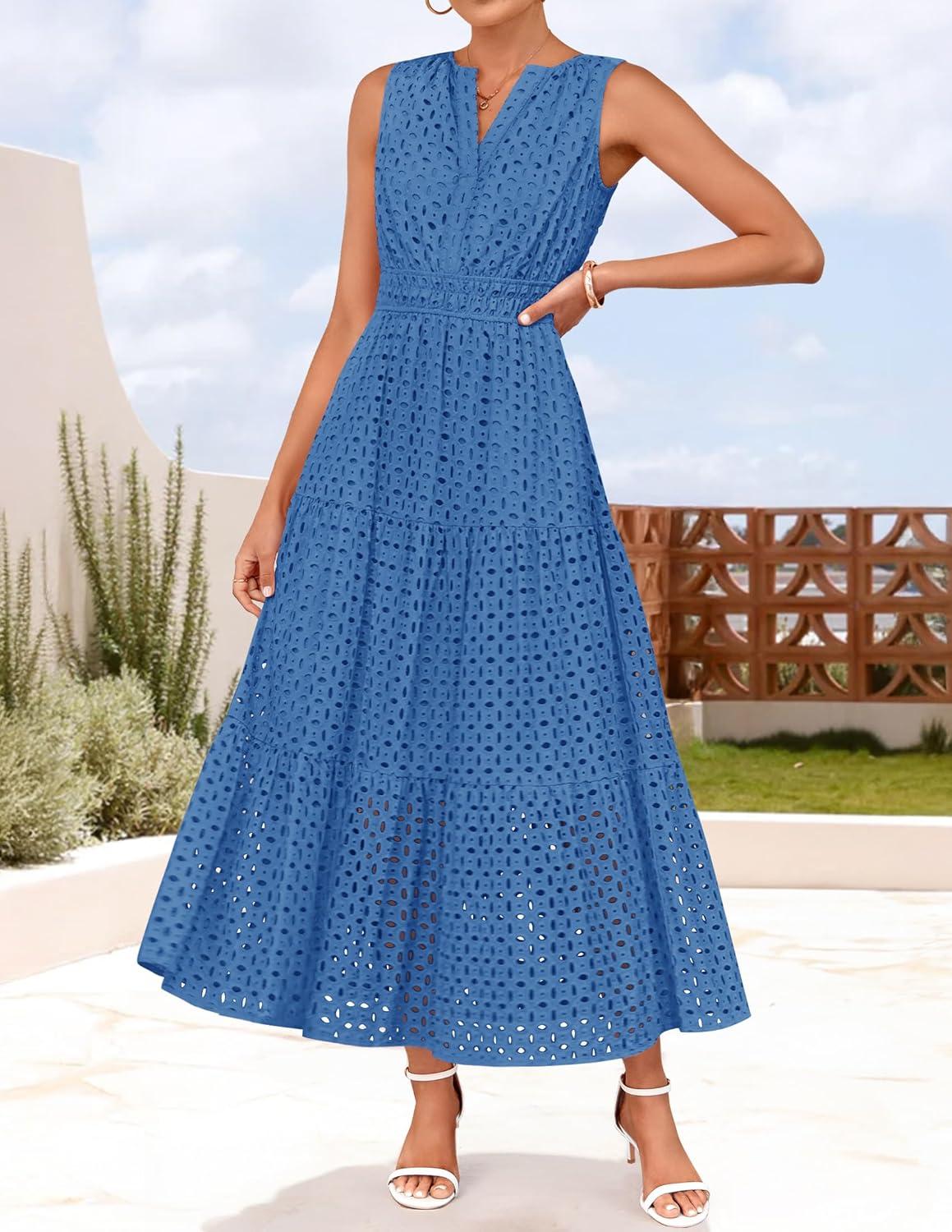 imageZESICA Womens 2026 Summer Sleeveless Maxi Dress Casual V Neck Hollow Out Eyelet A Line Flowy Party Long DressesBlue