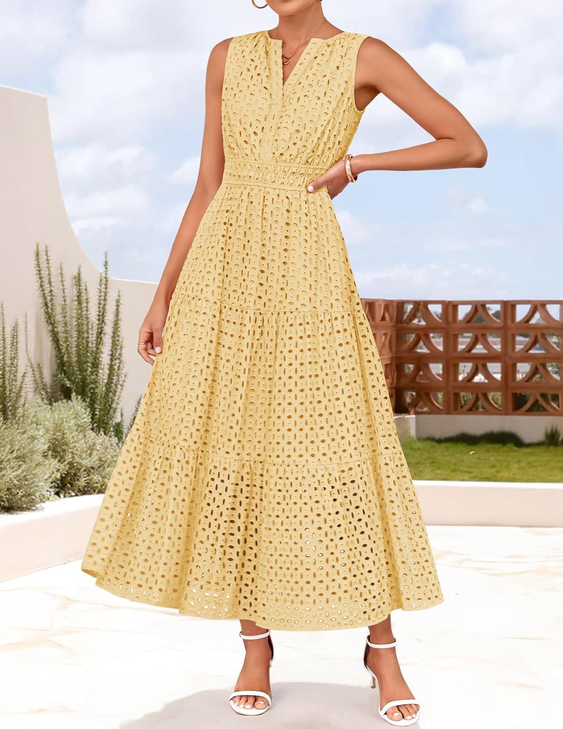 imageZESICA Womens 2026 Summer Sleeveless Maxi Dress Casual V Neck Hollow Out Eyelet A Line Flowy Party Long DressesLightyellow