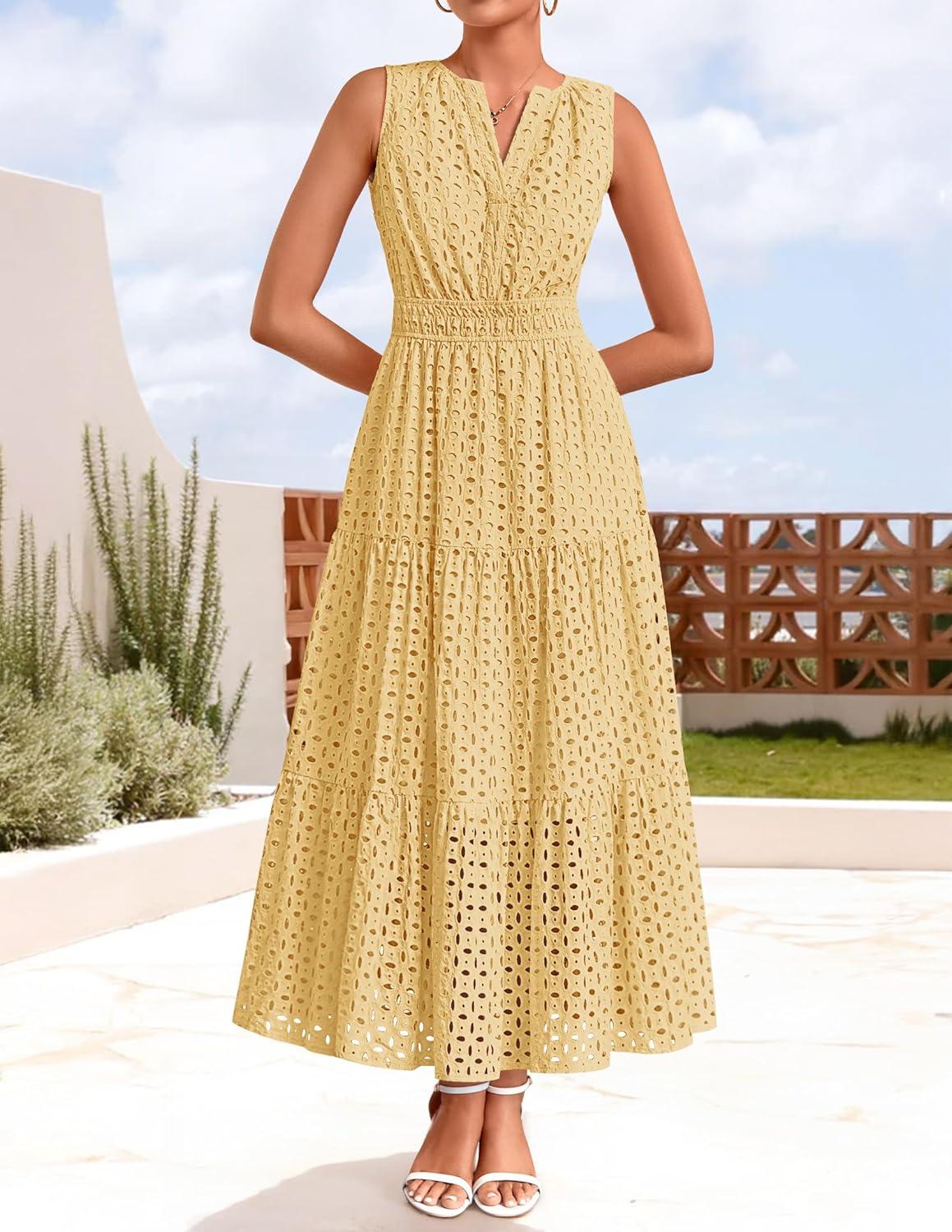 imageZESICA Womens 2026 Summer Sleeveless Maxi Dress Casual V Neck Hollow Out Eyelet A Line Flowy Party Long DressesLightyellow