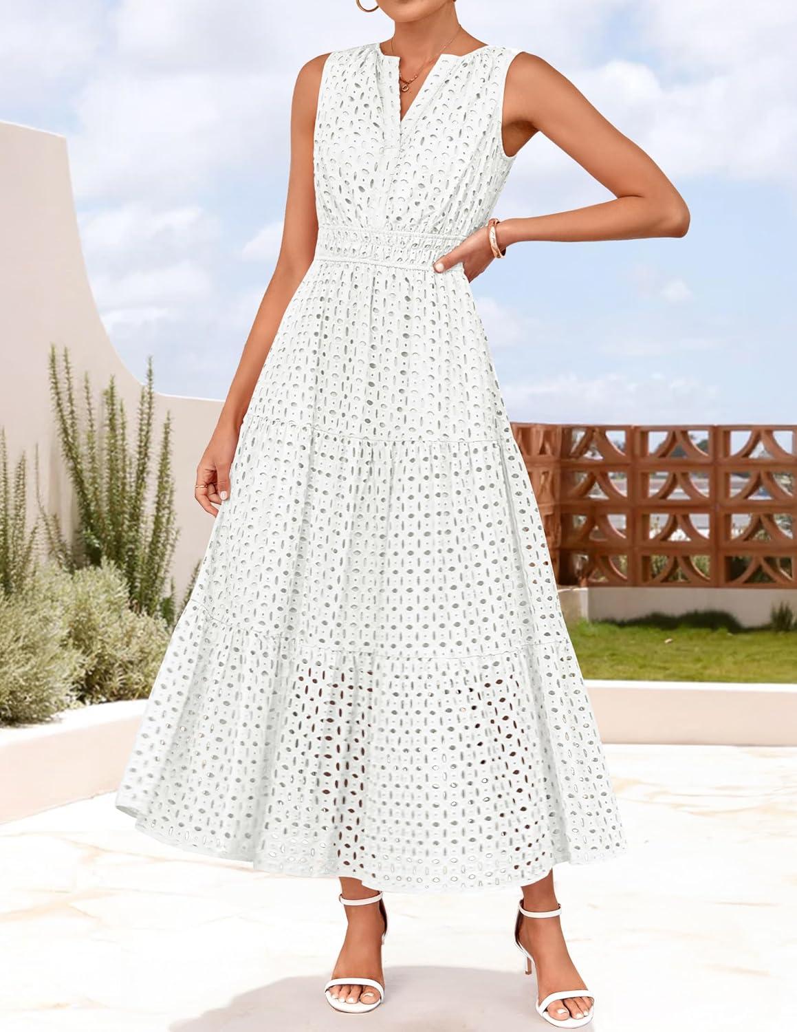 imageZESICA Womens 2026 Summer Sleeveless Maxi Dress Casual V Neck Hollow Out Eyelet A Line Flowy Party Long DressesWhite