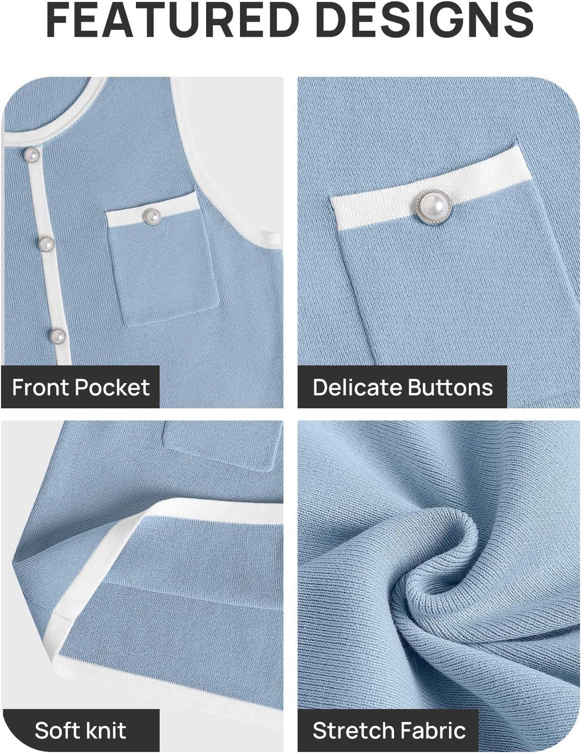 imageZESICA Womens 2026 Summer Sleeveless Mini Dress Elegant Crewneck Button Knit Bodycon Bussiness Office Short DressesBlue