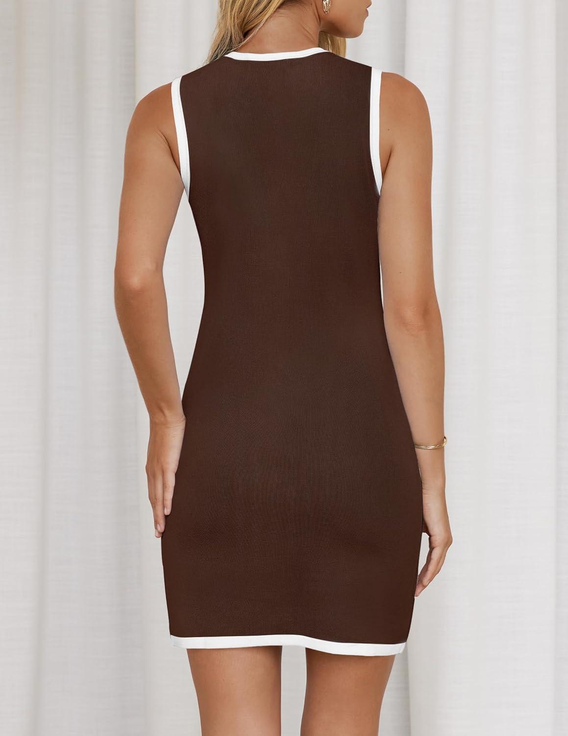 imageZESICA Womens 2026 Summer Sleeveless Mini Dress Elegant Crewneck Button Knit Bodycon Bussiness Office Short DressesCoffee