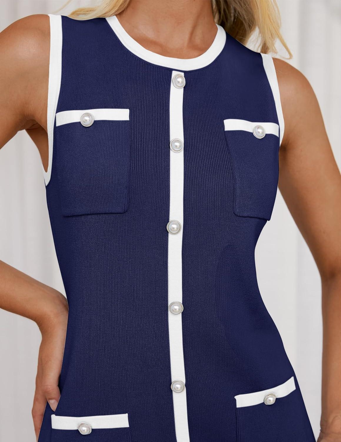imageZESICA Womens 2026 Summer Sleeveless Mini Dress Elegant Crewneck Button Knit Bodycon Bussiness Office Short DressesNavy