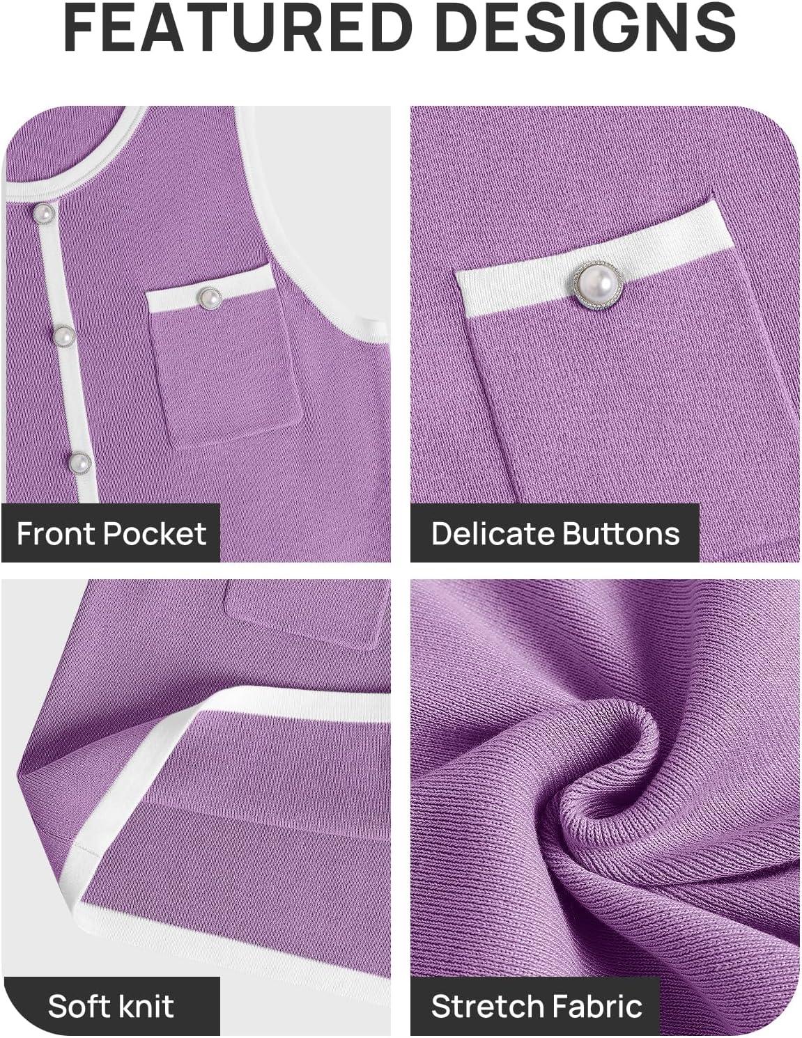 imageZESICA Womens 2026 Summer Sleeveless Mini Dress Elegant Crewneck Button Knit Bodycon Bussiness Office Short DressesPurple