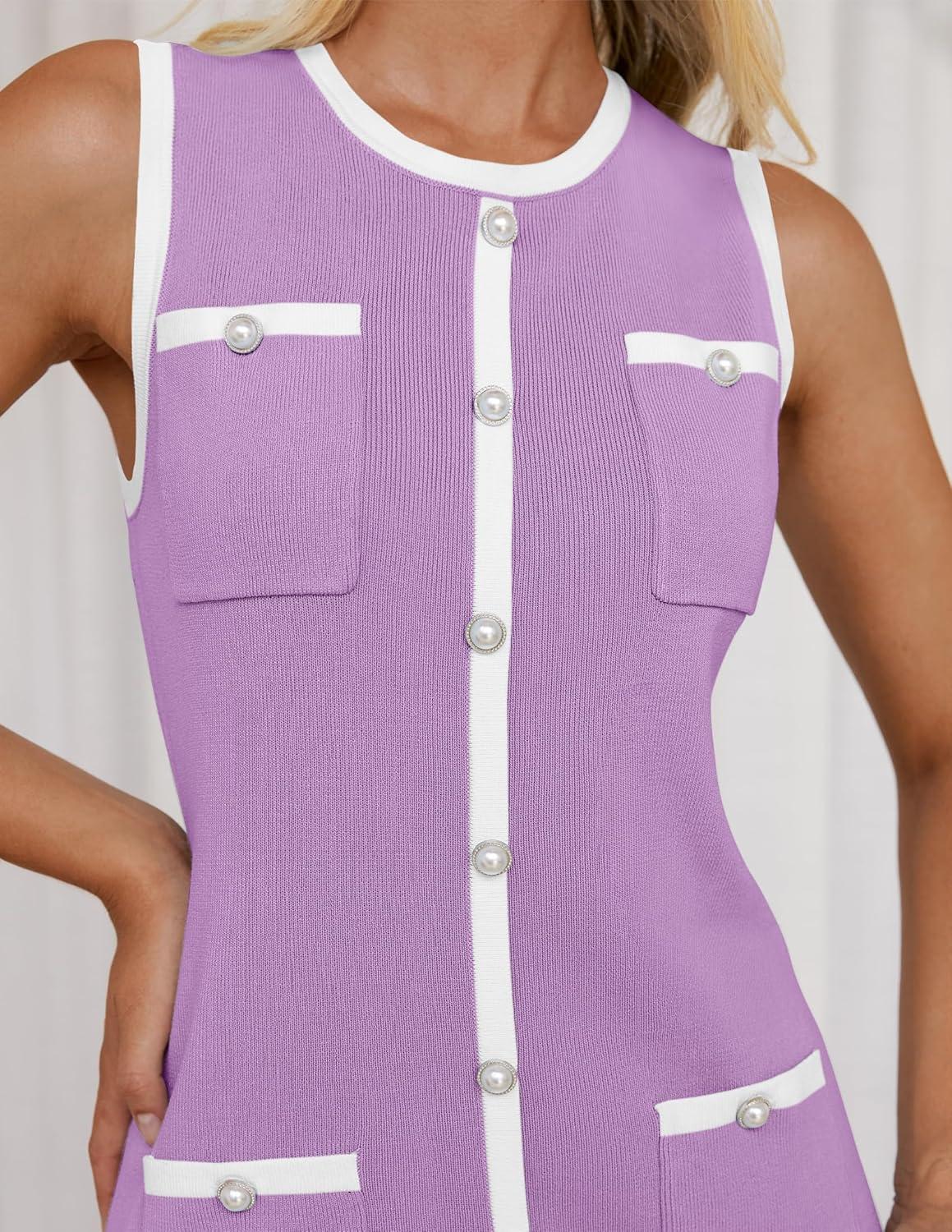 imageZESICA Womens 2026 Summer Sleeveless Mini Dress Elegant Crewneck Button Knit Bodycon Bussiness Office Short DressesPurple